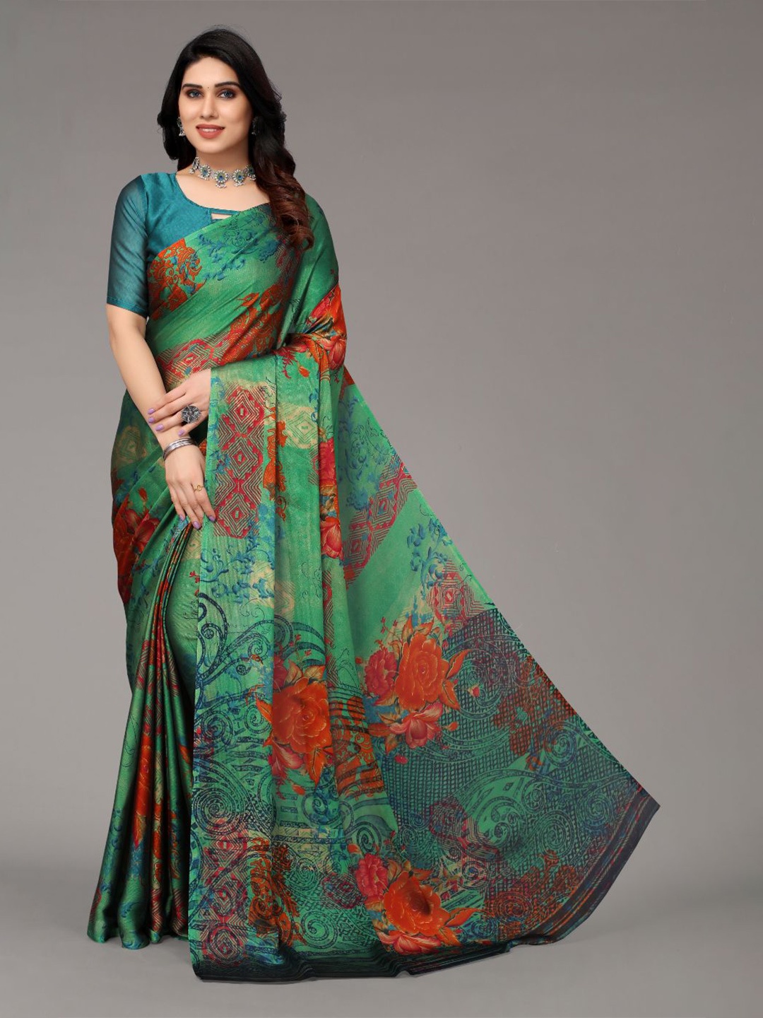 

FABMORA Floral Printed Poly Chiffon Saree, Green