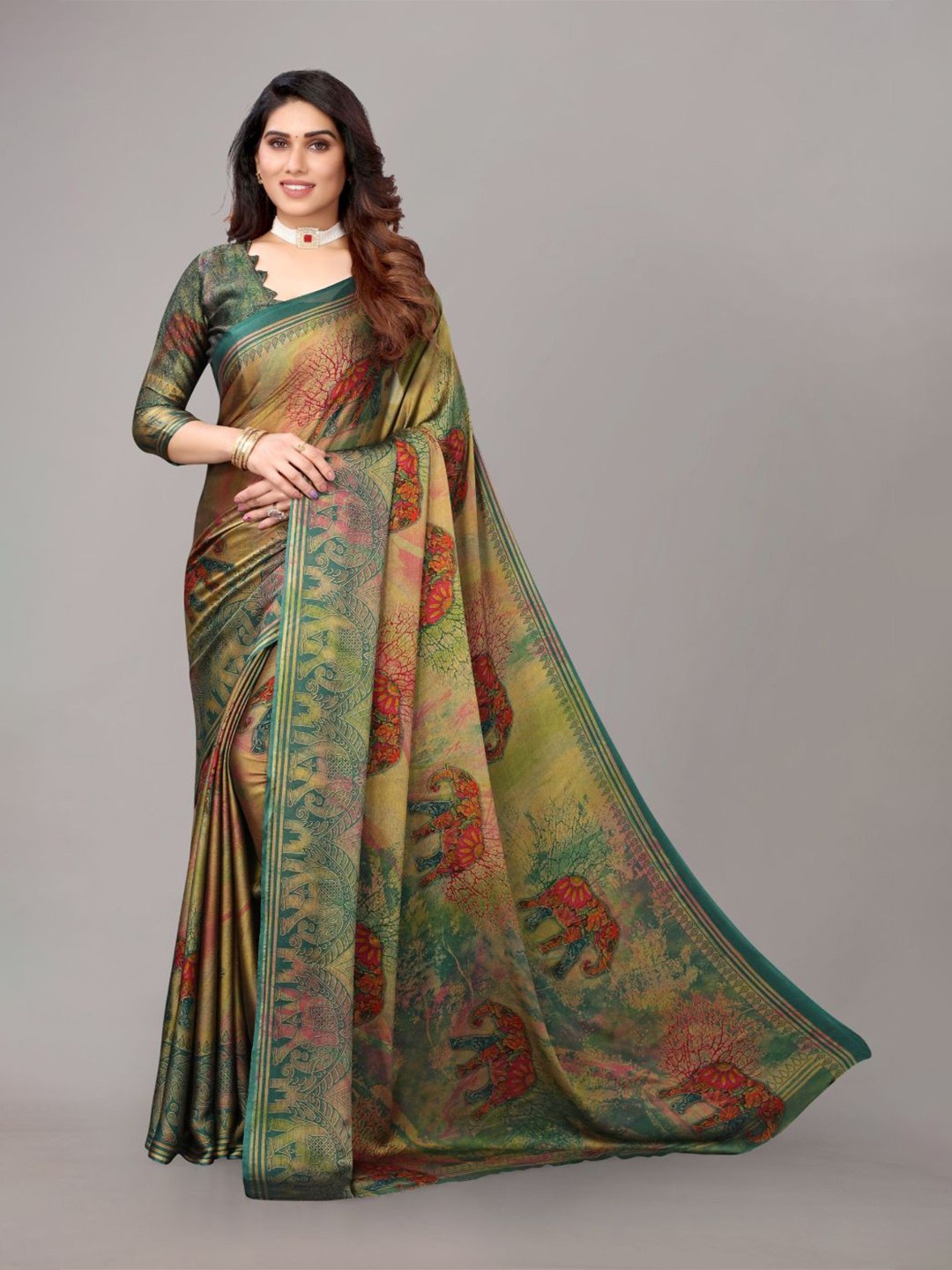 

FABMORA Ethnic Motifs Printed Poly Chiffon Saree, Blue