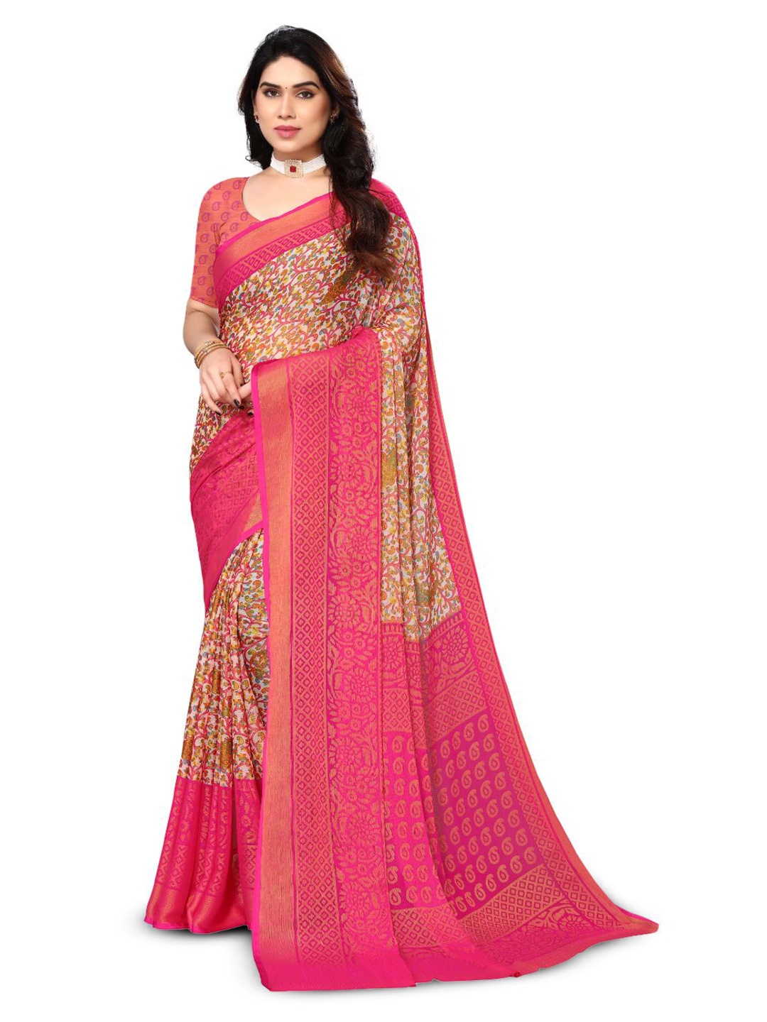 

FABMORA Floral Printed Pure Chiffon Saree, Pink