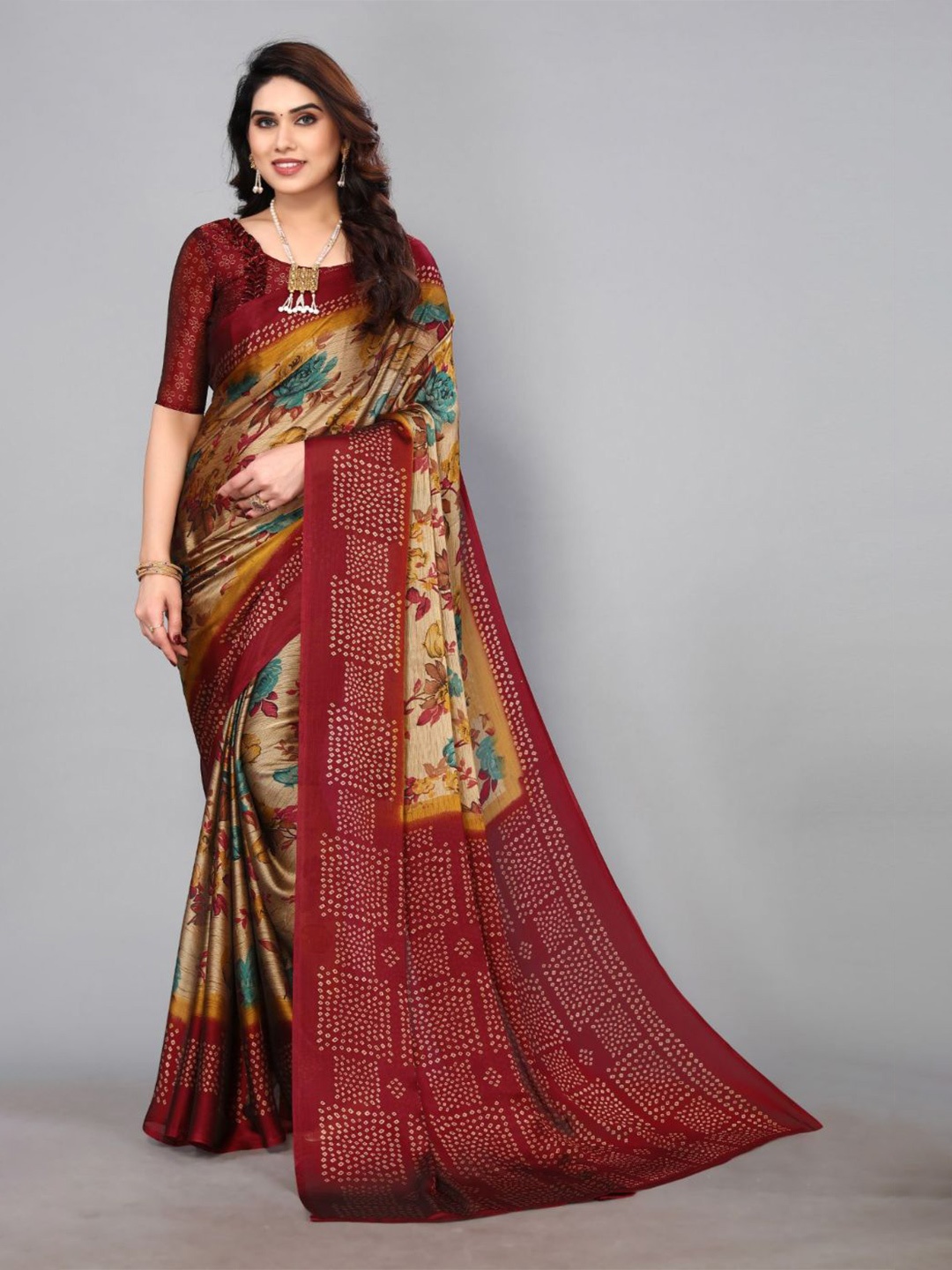 

FABMORA Floral Printed Poly Chiffon Saree, Cream