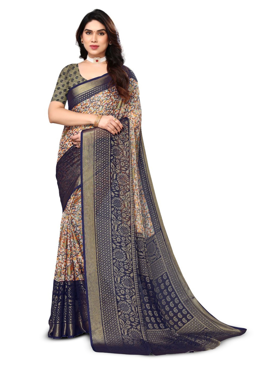 

FABMORA Floral Printed Pure Chiffon Saree, Navy blue