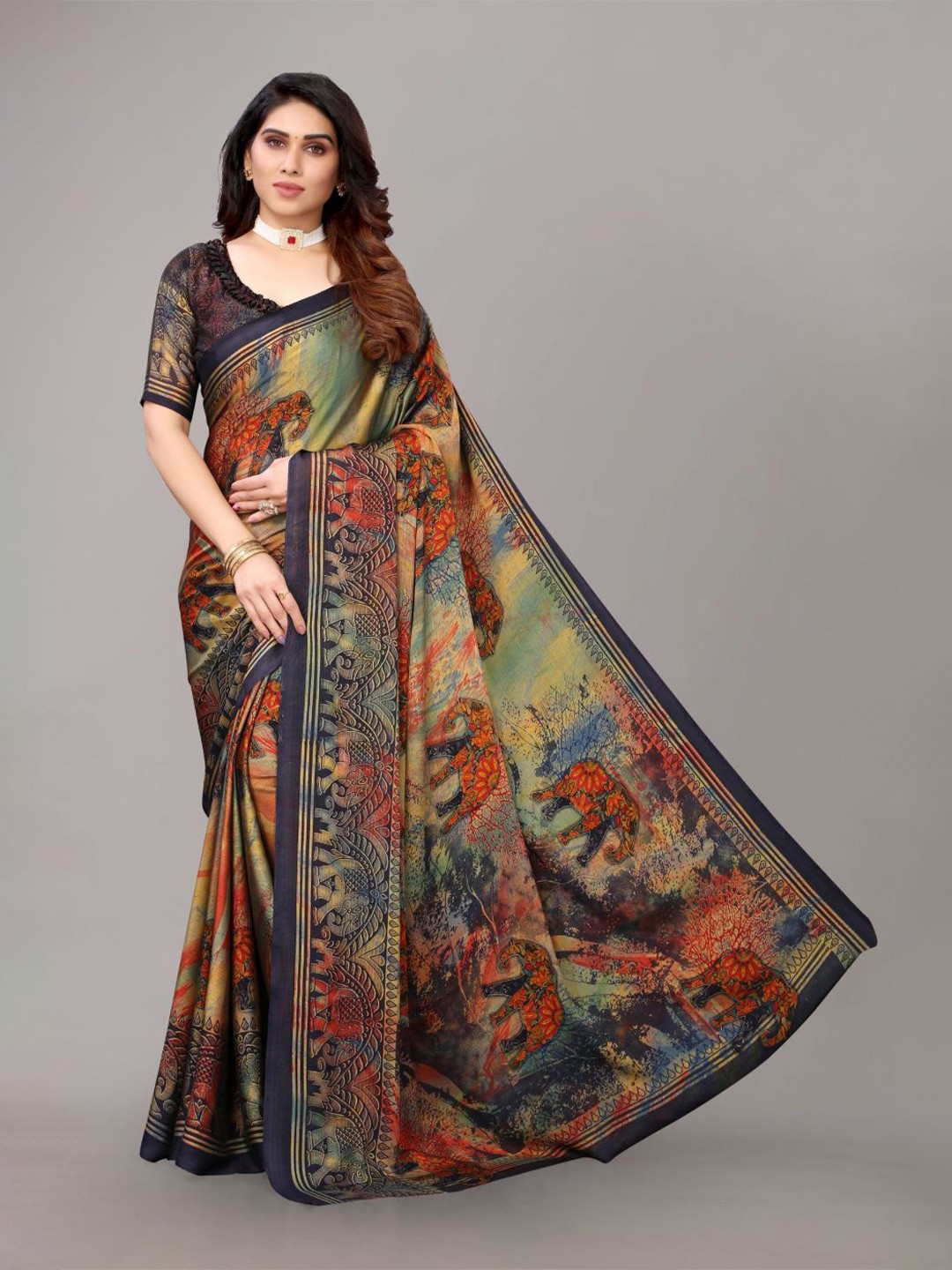 

FABMORA Ethnic Motifs Printed Poly Chiffon Saree, Navy blue