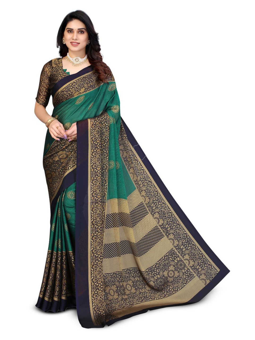 

FABMORA Ethnic Motifs Printed Poly Chiffon Saree, Sea green