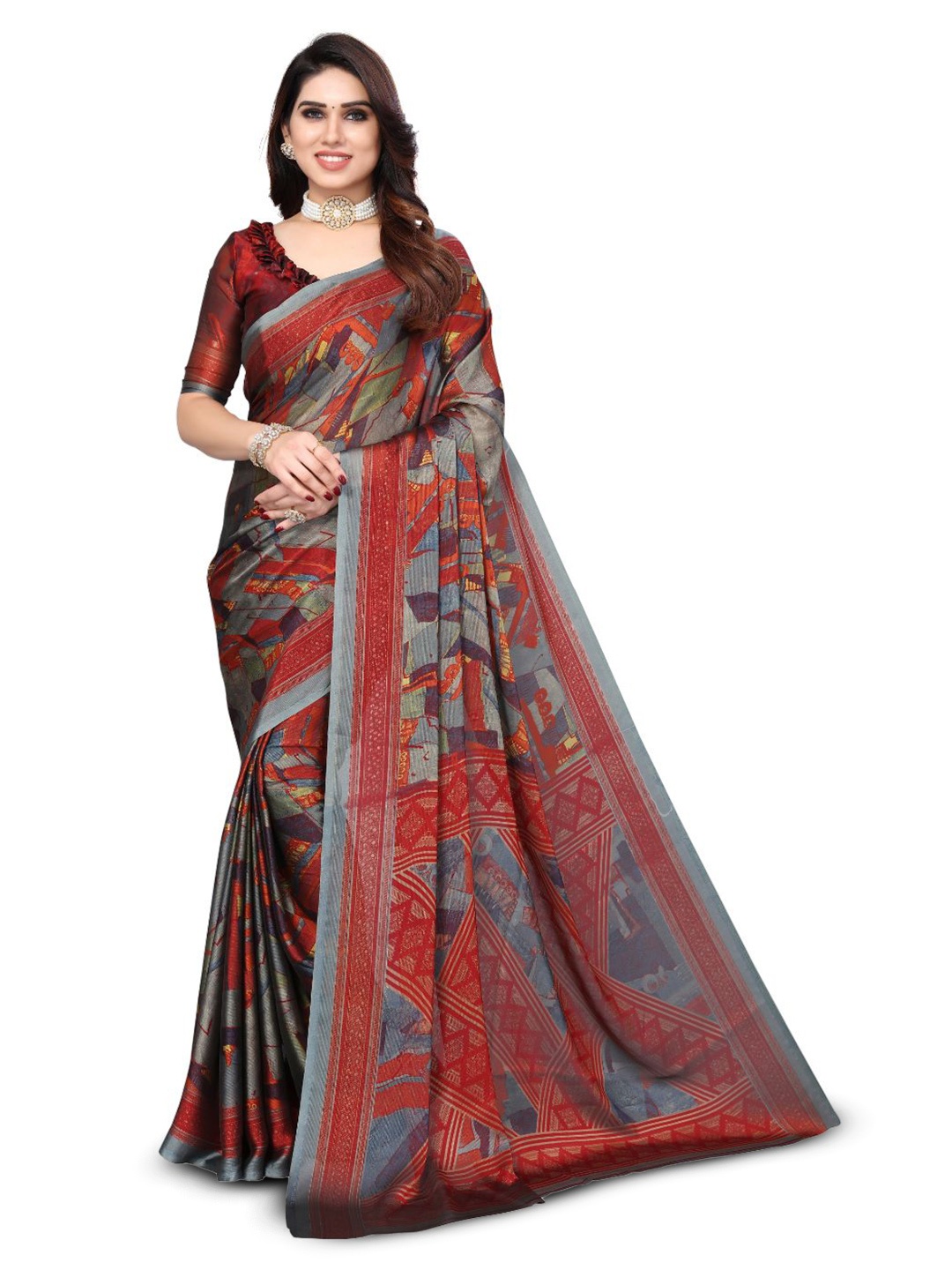 

FABMORA Floral Printed Poly Chiffon Saree, Grey