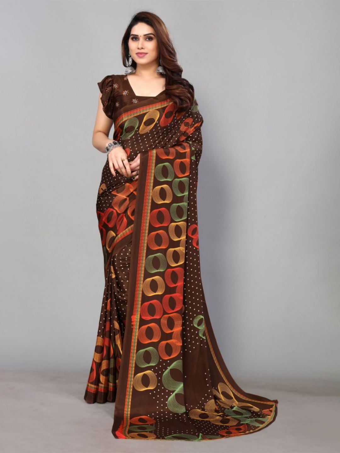 

FABMORA Geometric Printed Pure Crepe Saree, Coffee brown