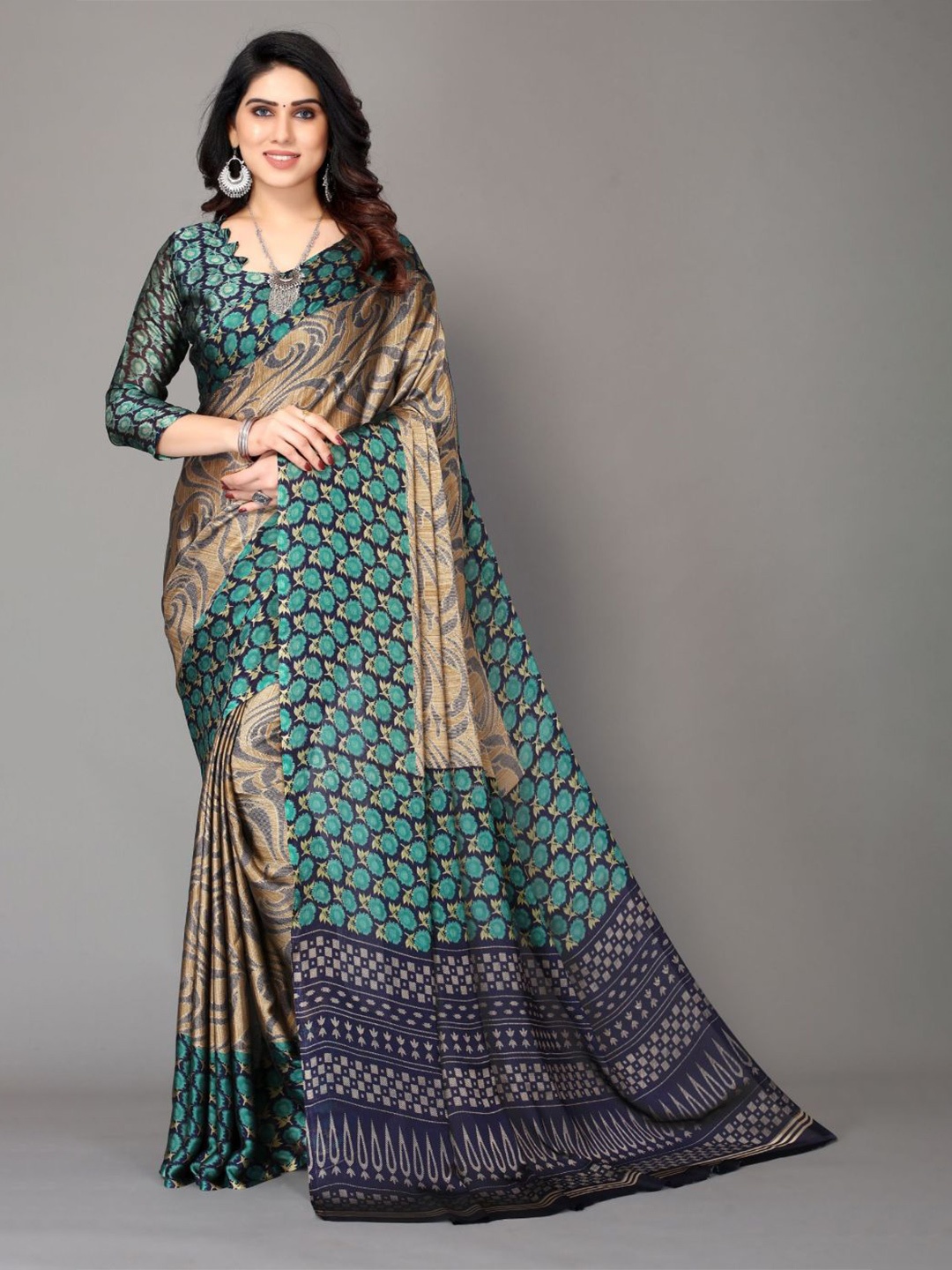 

FABMORA Ethnic Motifs Printed Poly Chiffon Saree, Teal