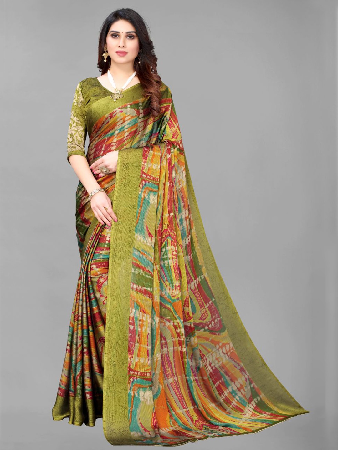 

FABMORA Abstract Printed Poly Chiffon Saree, Green