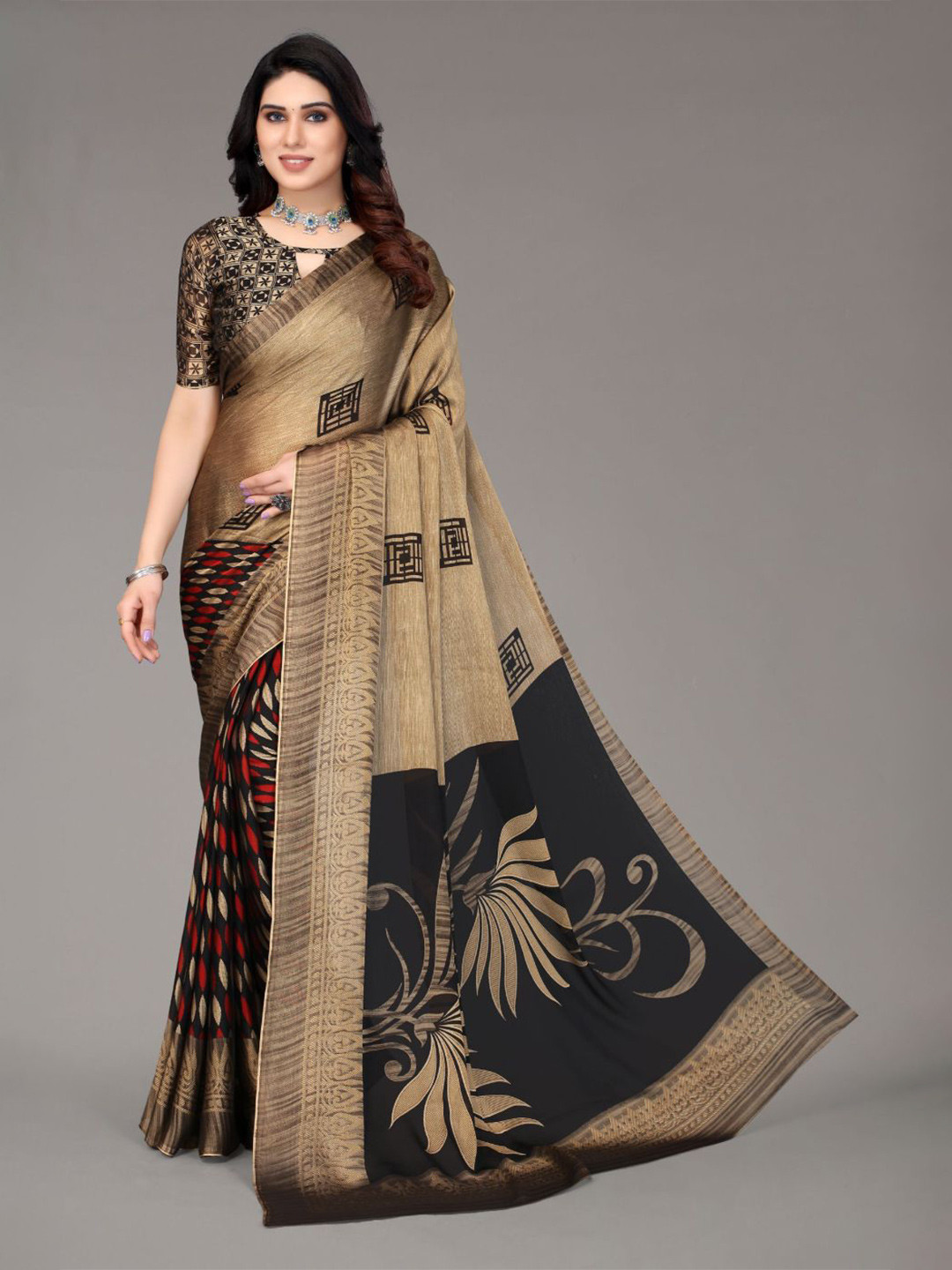 

FABMORA Ethnic Motifs Printed Poly Chiffon Saree, Black