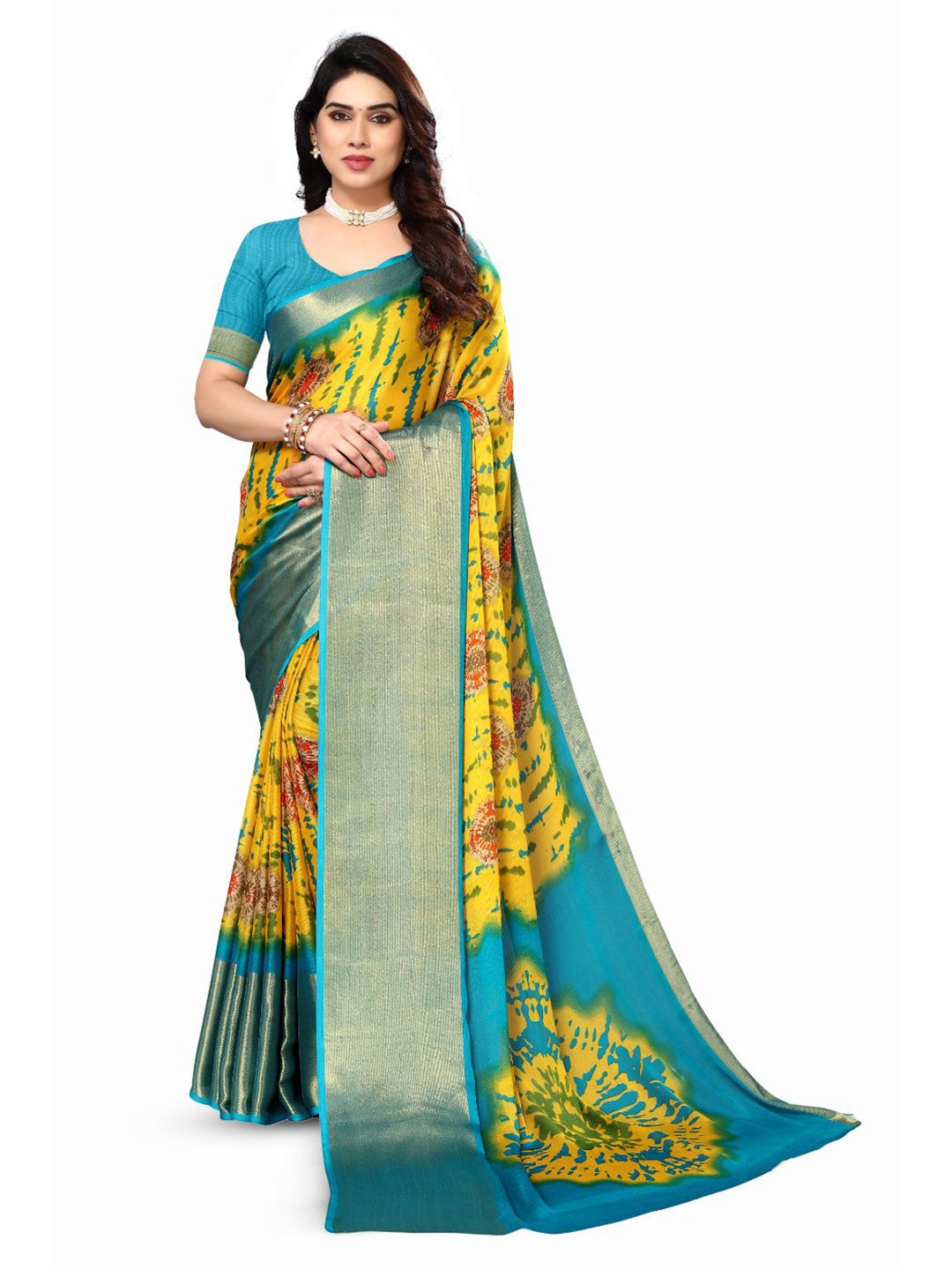 

FABMORA Ethnic Motifs Printed Zari Pure Chiffon Saree, Yellow
