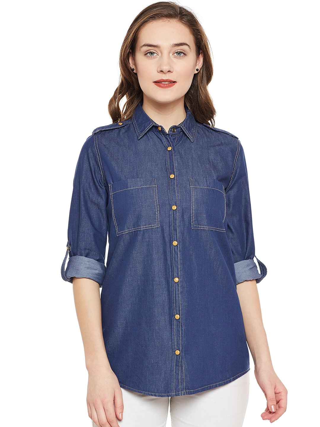 

PUNK Roll-Up Sleeves Denim Weave Cotton Casual Shirt, Blue