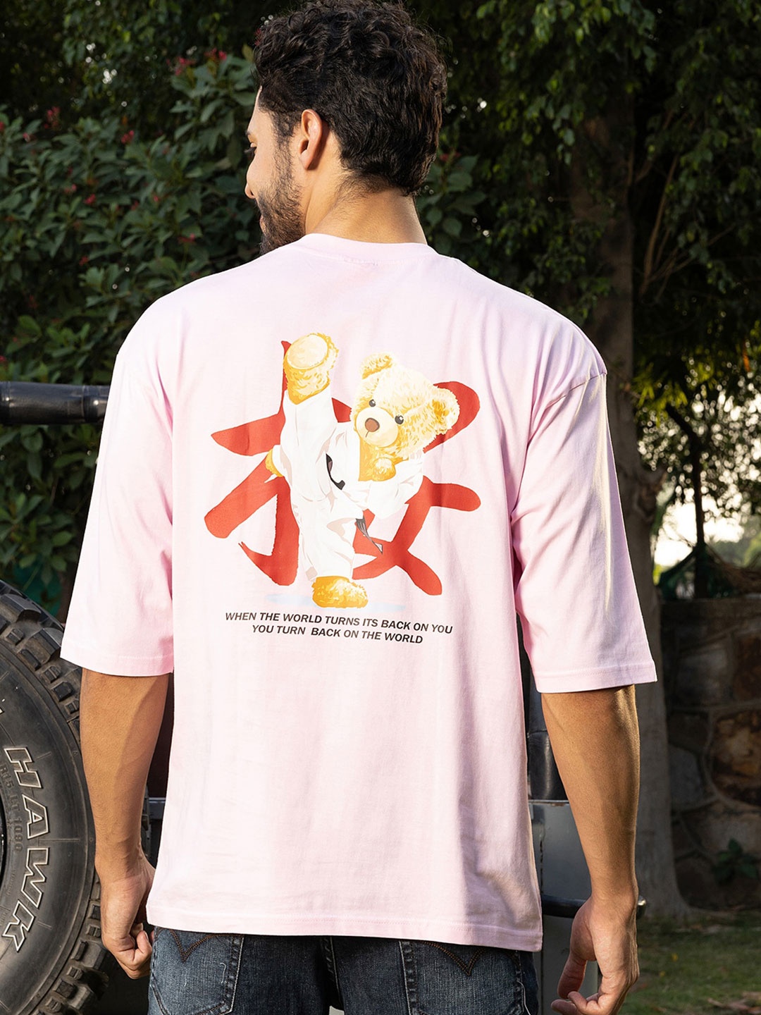 

Gavin Paris Graphic Printed Cotton Drop Shoulder Sleeves Oversized T-shirt, Pink