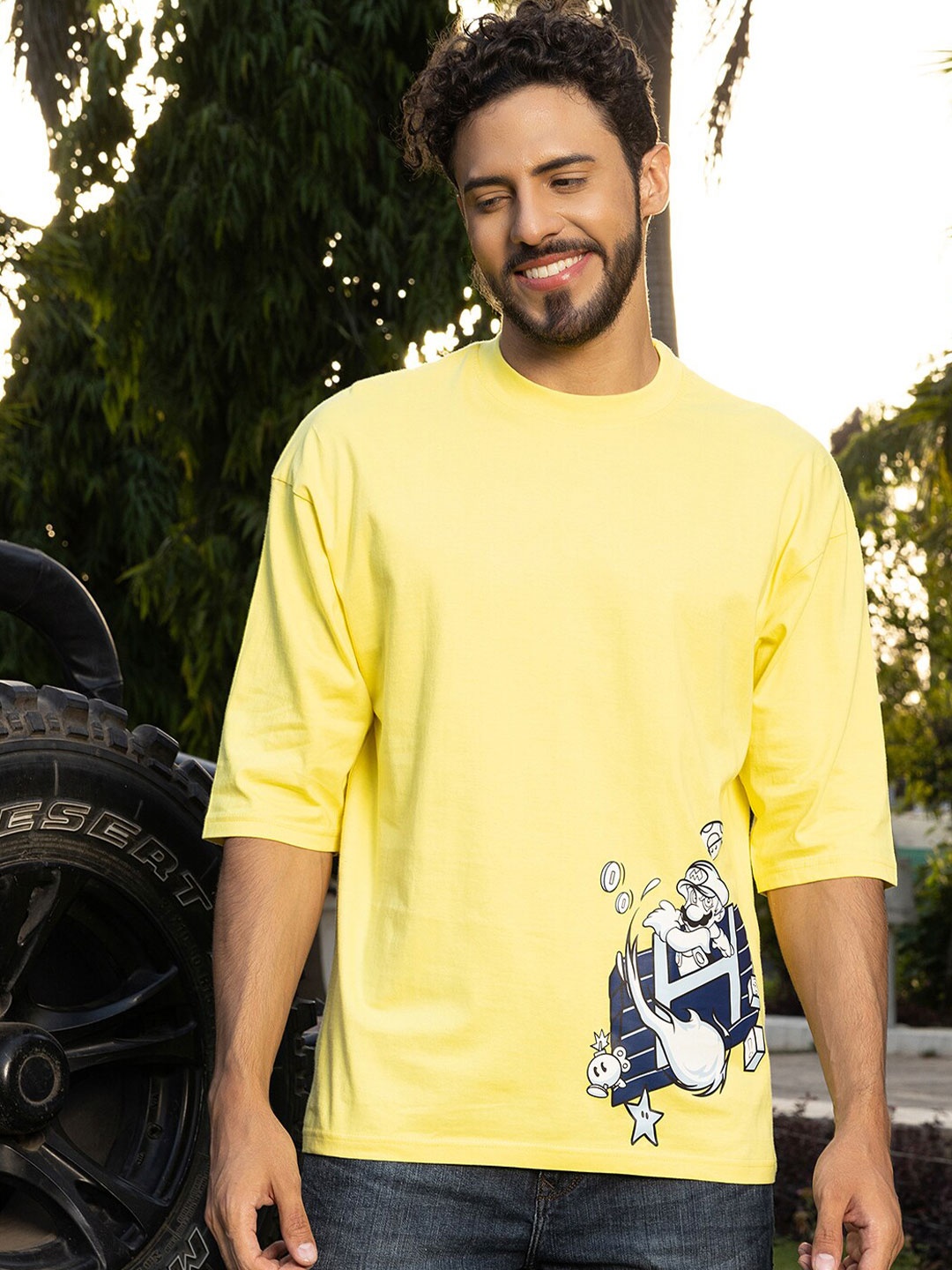 

Gavin Paris Graphic Printed Cotton Drop-Shoulder Sleeves Oversized T-shirt, Yellow