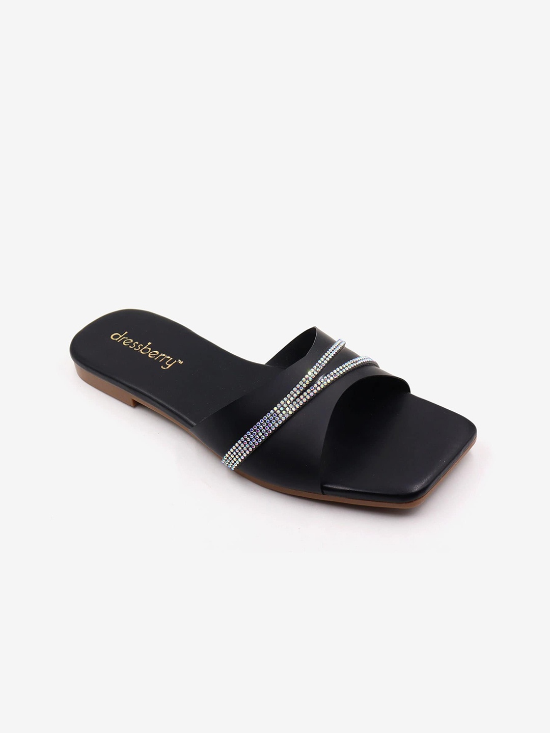 

DressBerry Black And Silver-Toned Embellished Open Toe Flats
