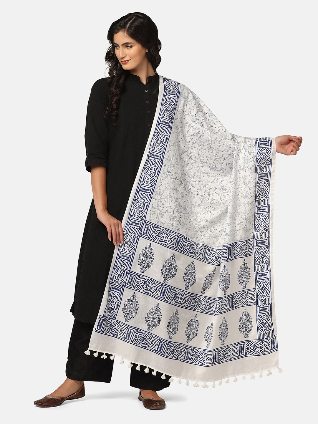 

THE WEAVE TRAVELLER Ethnic Motifs Khari Printed Dupatta, White