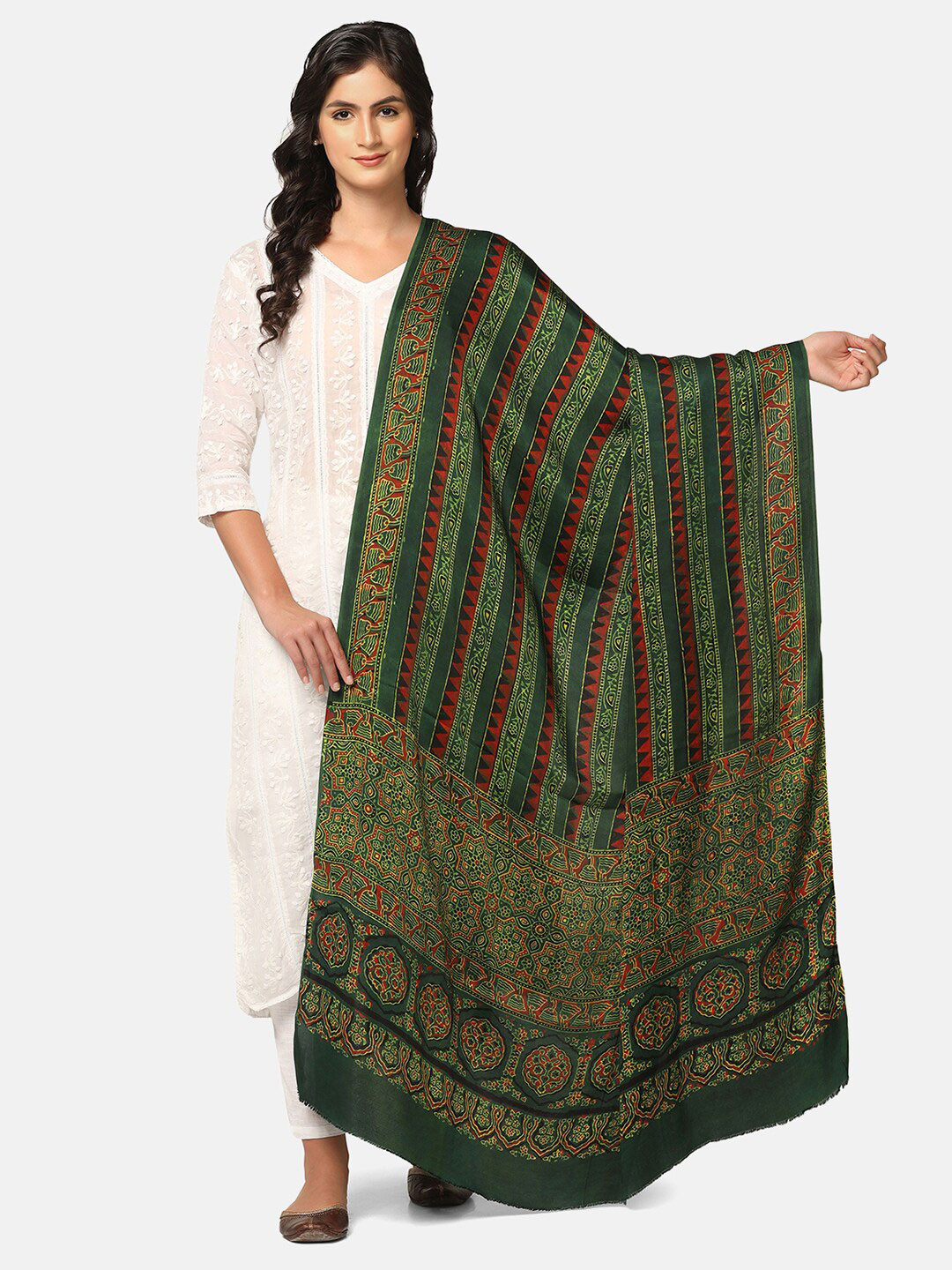 

THE WEAVE TRAVELLER Ethnic Motifs Block Printed Dupatta, Green