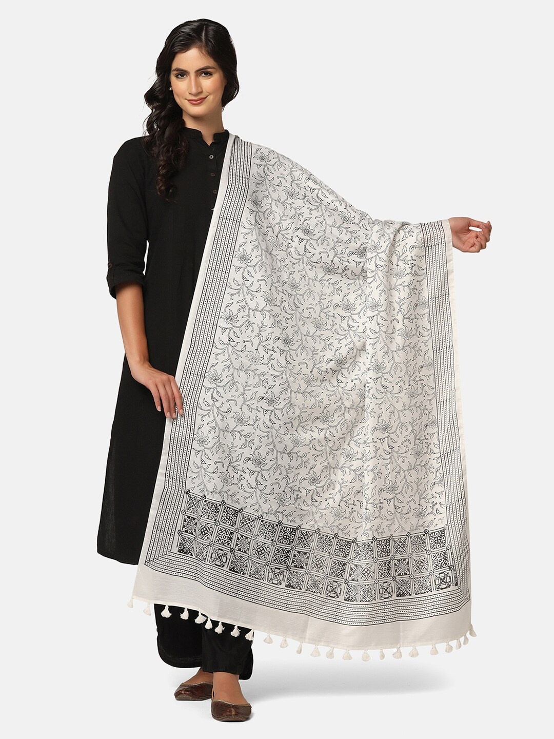

THE WEAVE TRAVELLER Ethnic Motifs Printed Khari Print Dupatta, White