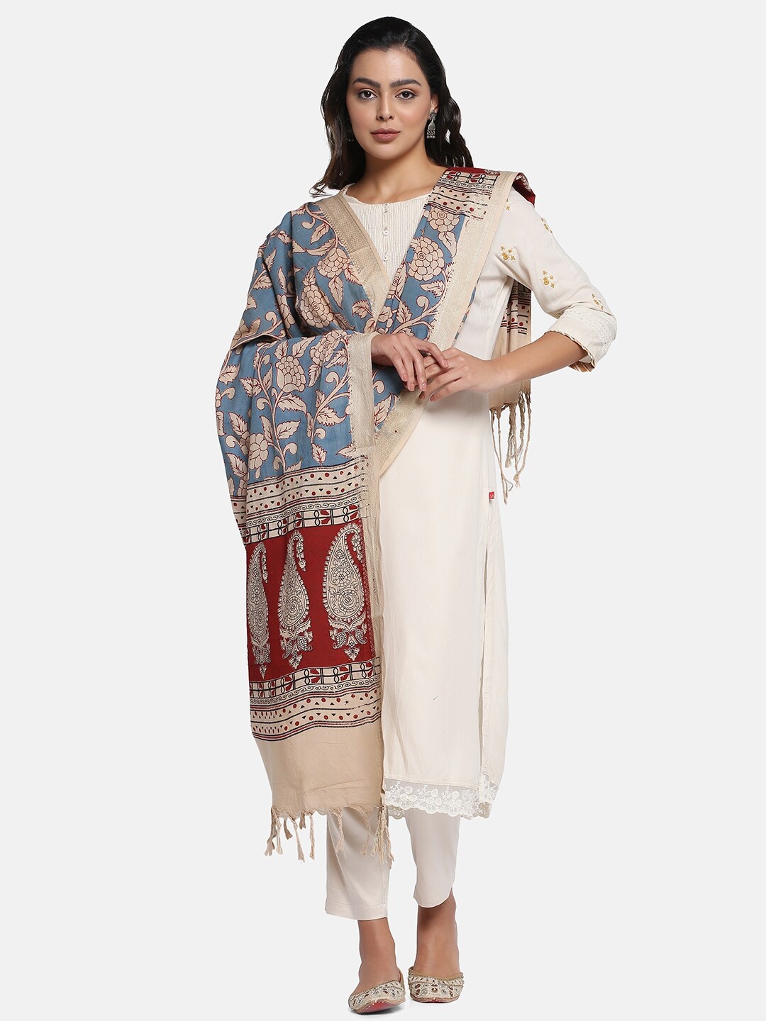 

THE WEAVE TRAVELLER Ethnic Motifs Printed Pure Cotton Kalamkari Dupatta, Beige