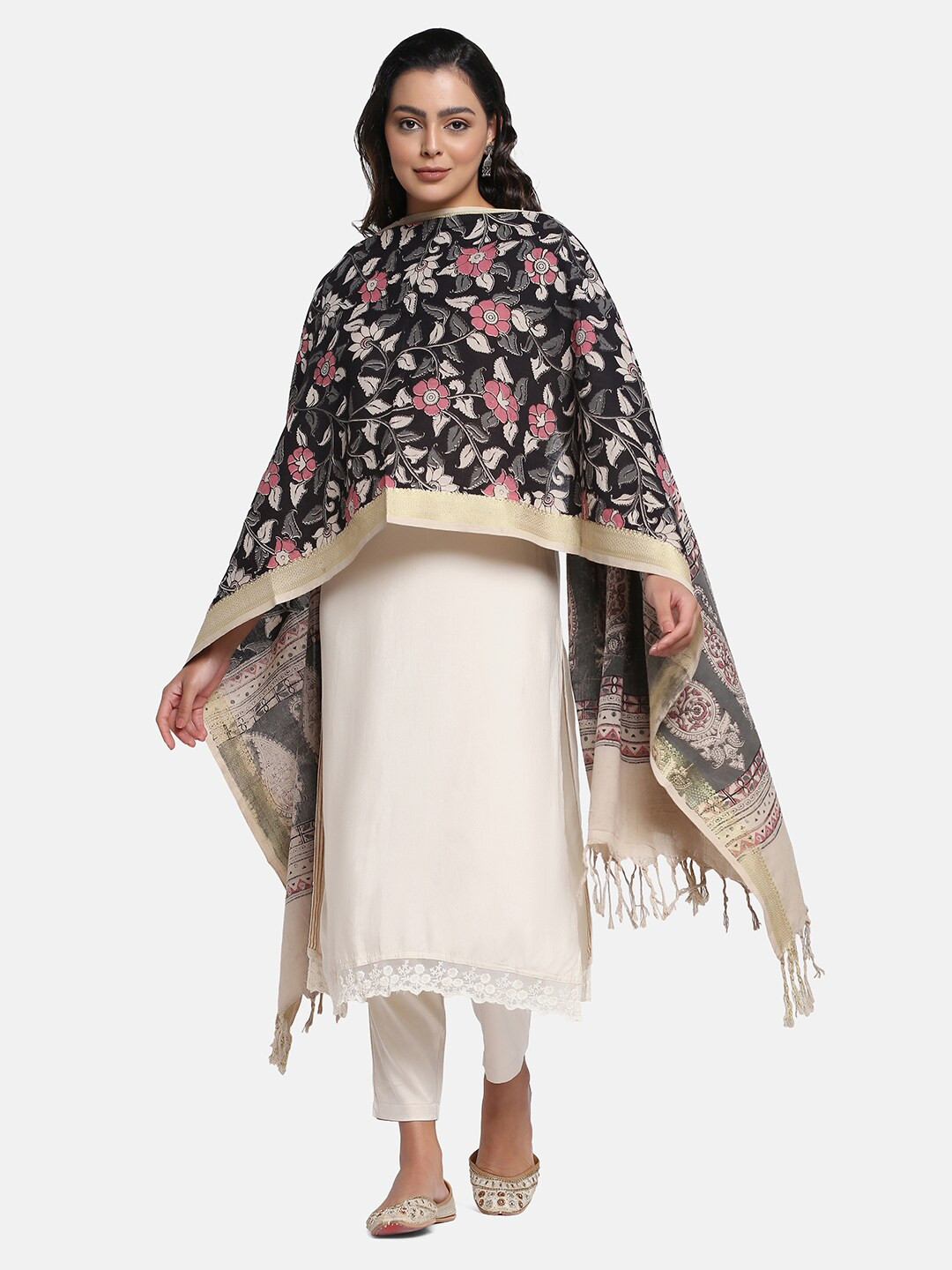 

THE WEAVE TRAVELLER Ethnic Motifs Printed Kalamkari Dupatta, Black