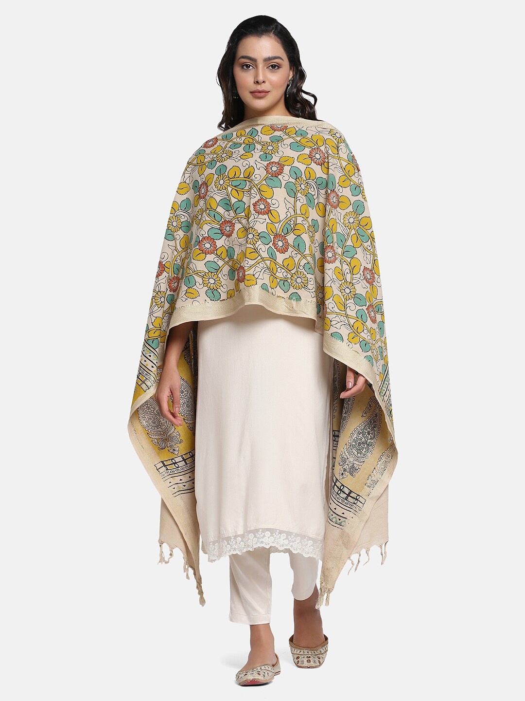 

THE WEAVE TRAVELLER Ethnic Motifs Printed Pure Cotton Kalamkari Dupatta, Beige