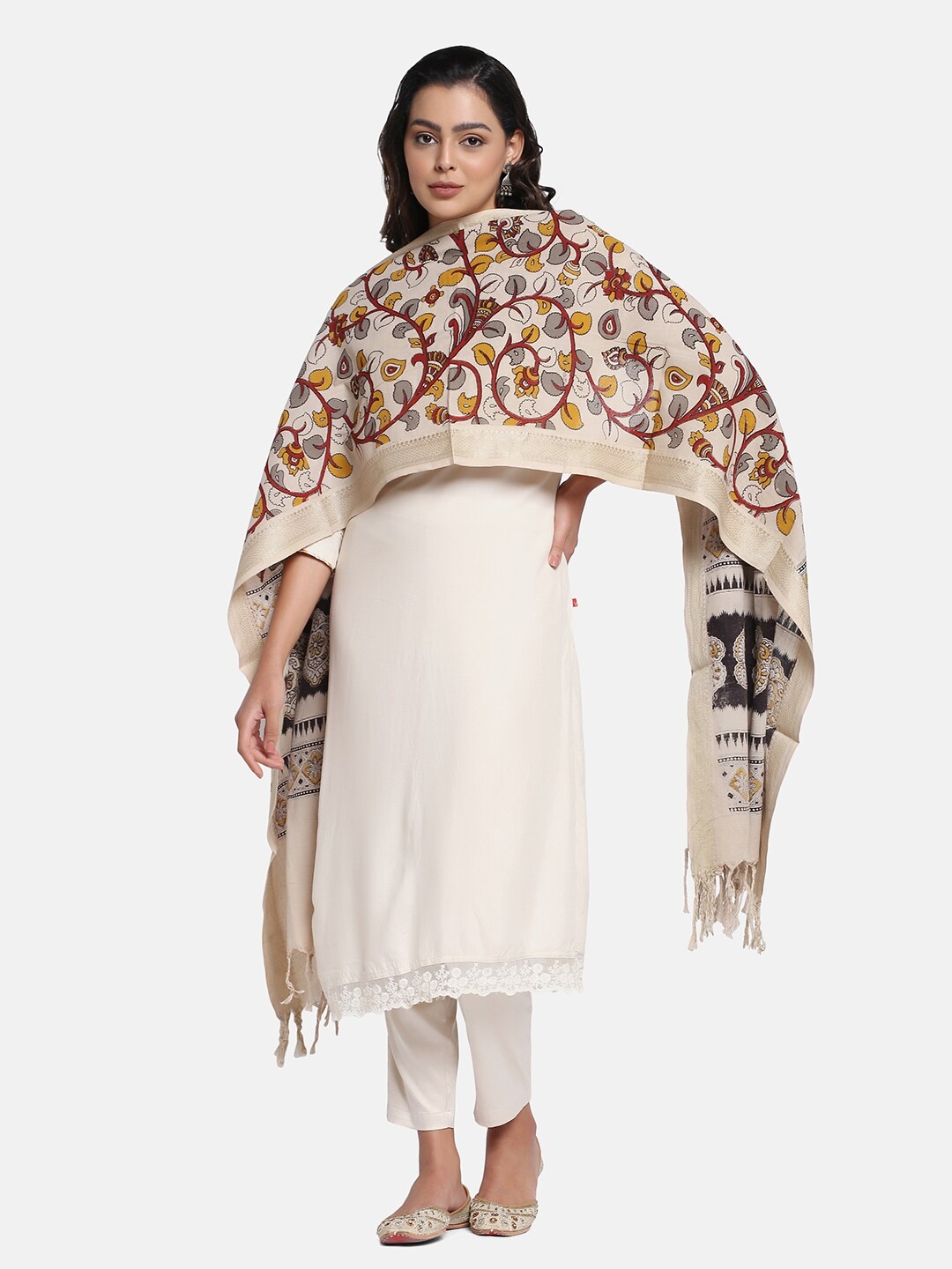 

THE WEAVE TRAVELLER Ethnic Motifs Printed Kalamkari Dupatta, Beige