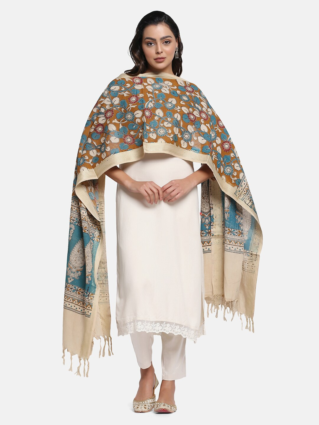 

THE WEAVE TRAVELLER Ethnic Motifs Printed Pure Cotton Kalamkari Dupatta, Beige