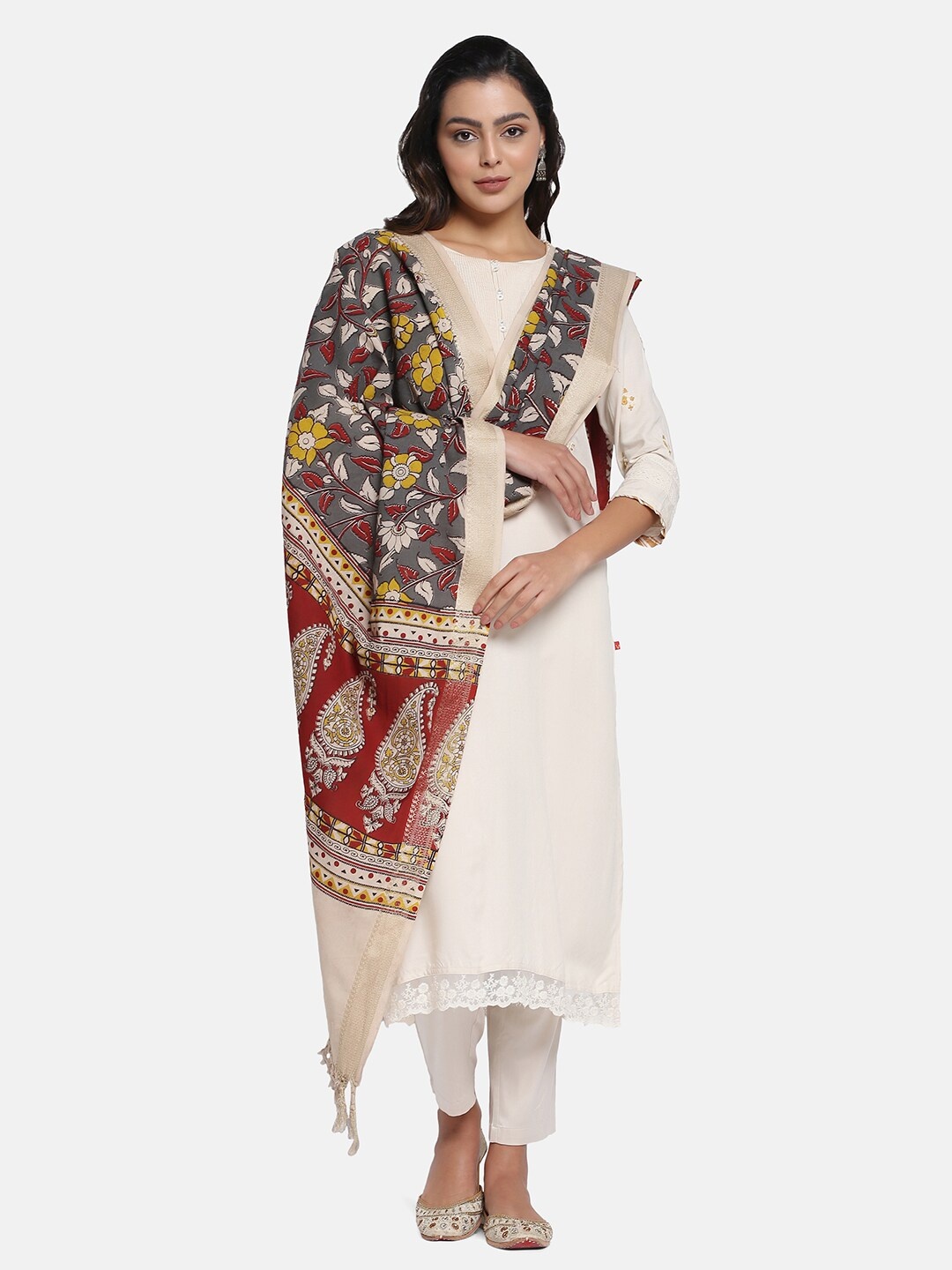 

THE WEAVE TRAVELLER Ethnic Motifs Printed Pure Cotton Kalamkari Dupatta, Grey