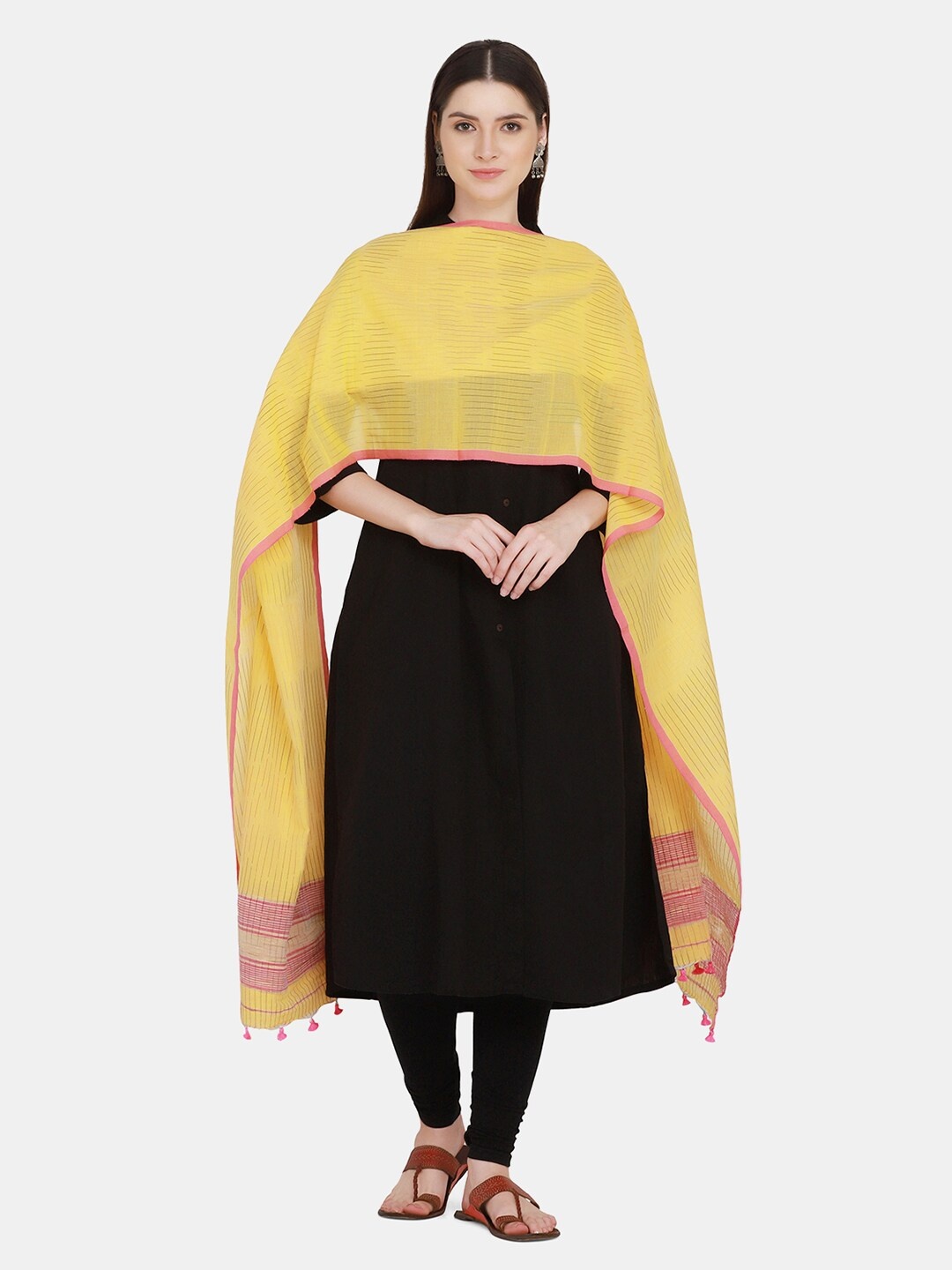 

THE WEAVE TRAVELLER Striped Pure Cotton Dupatta, Yellow
