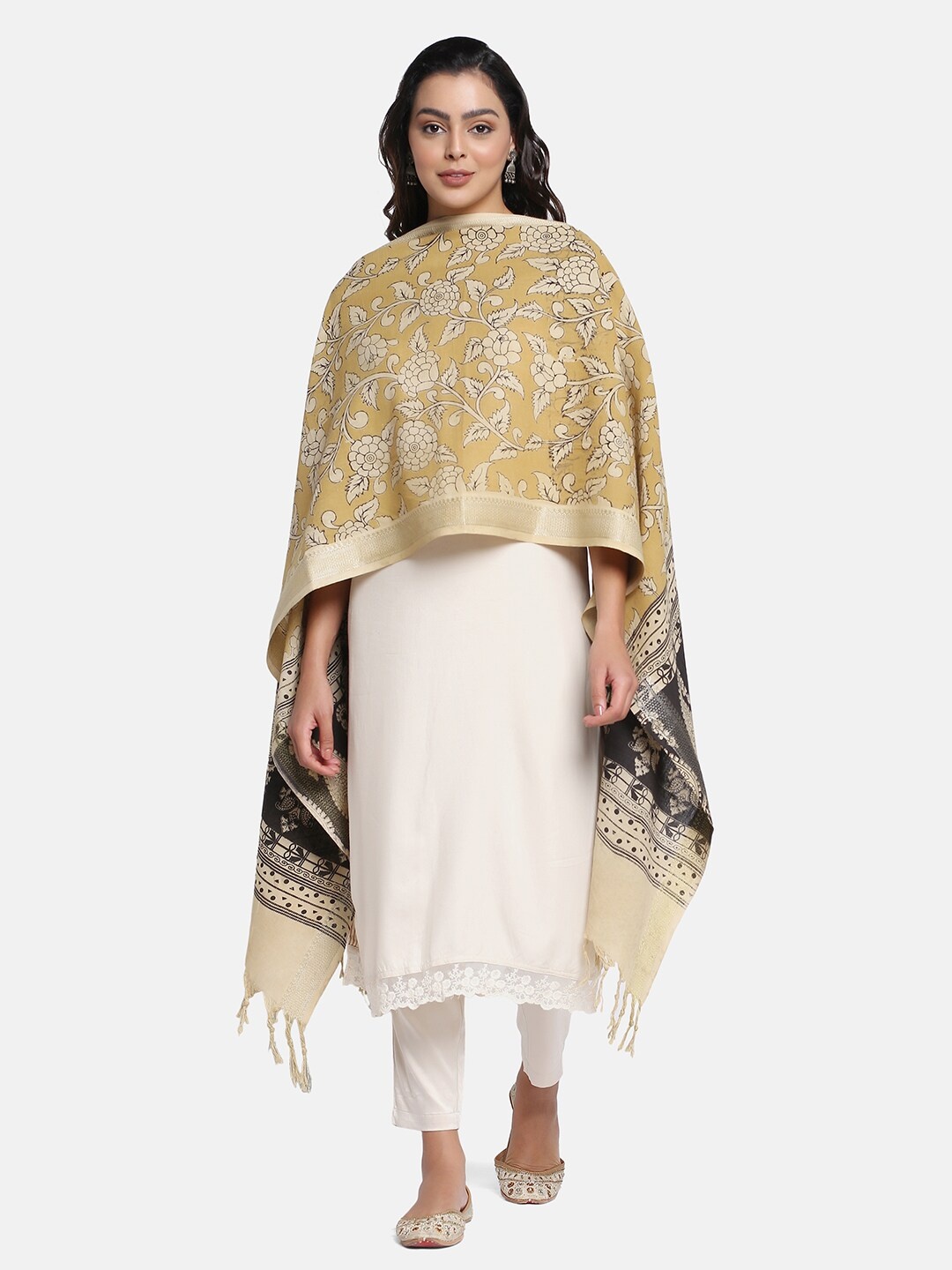 

THE WEAVE TRAVELLER Kalamkari Printed Pure Cotton Tasselled Dupatta with Zari, Mustard