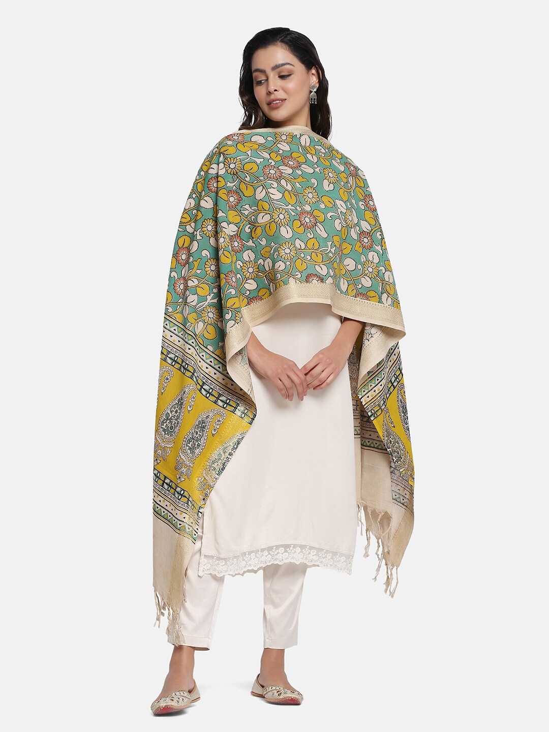 

THE WEAVE TRAVELLER Ethnic Motifs Printed Pure Cotton Kalamkari Dupatta, Green