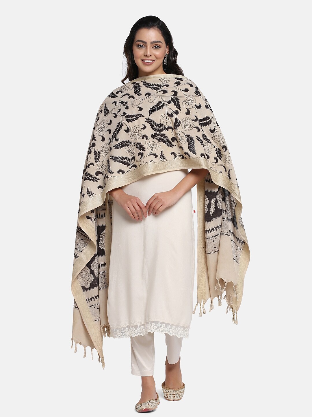 

THE WEAVE TRAVELLER Ethnic Motifs Printed Kalamkari Dupatta, Beige