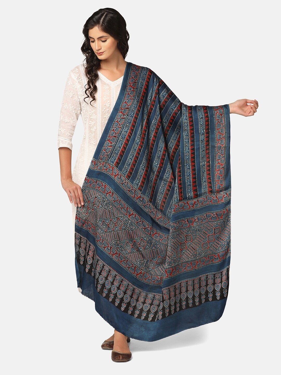 

THE WEAVE TRAVELLER Ethnic Motifs Printed Block Print Dupatta, Blue