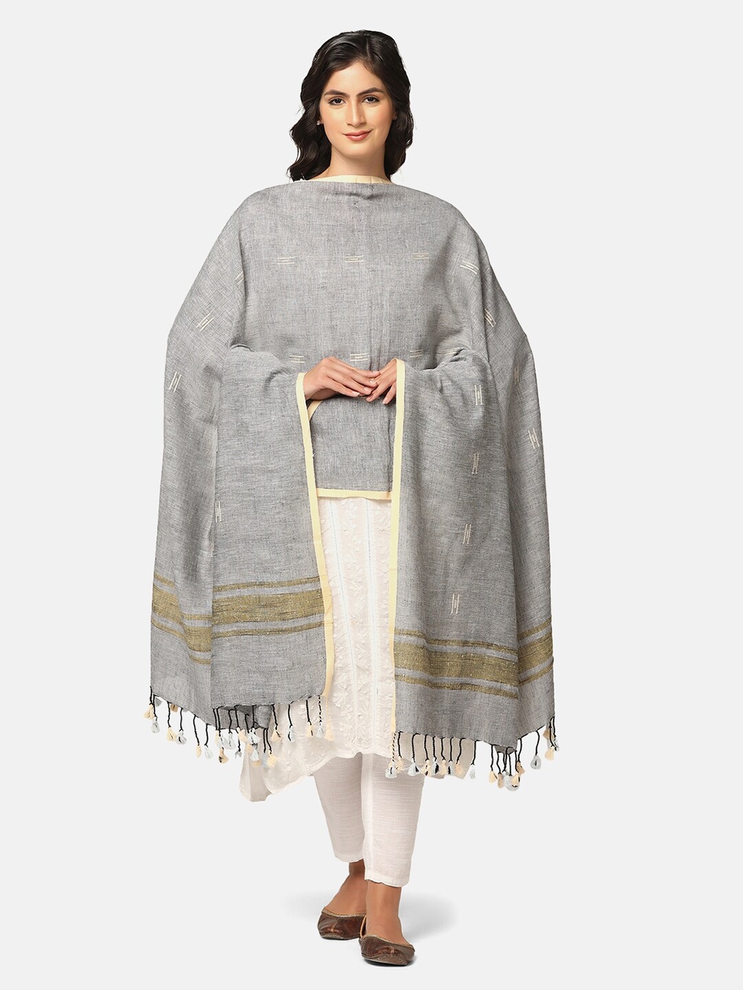 

THE WEAVE TRAVELLER Woven Design Cotton Linen Dupatta, Grey