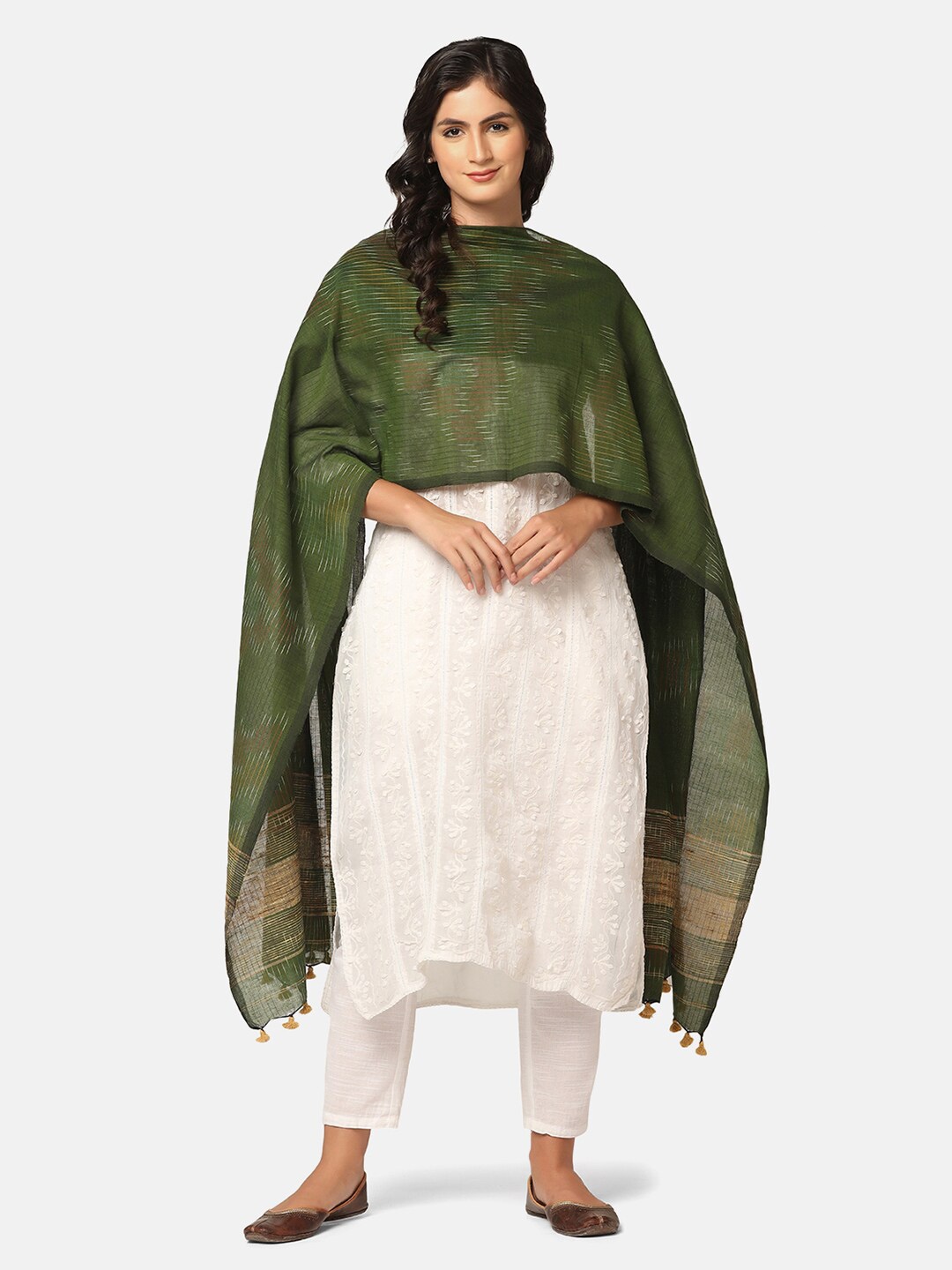

THE WEAVE TRAVELLER Striped Pure Cotton Ikat Dupatta, Green