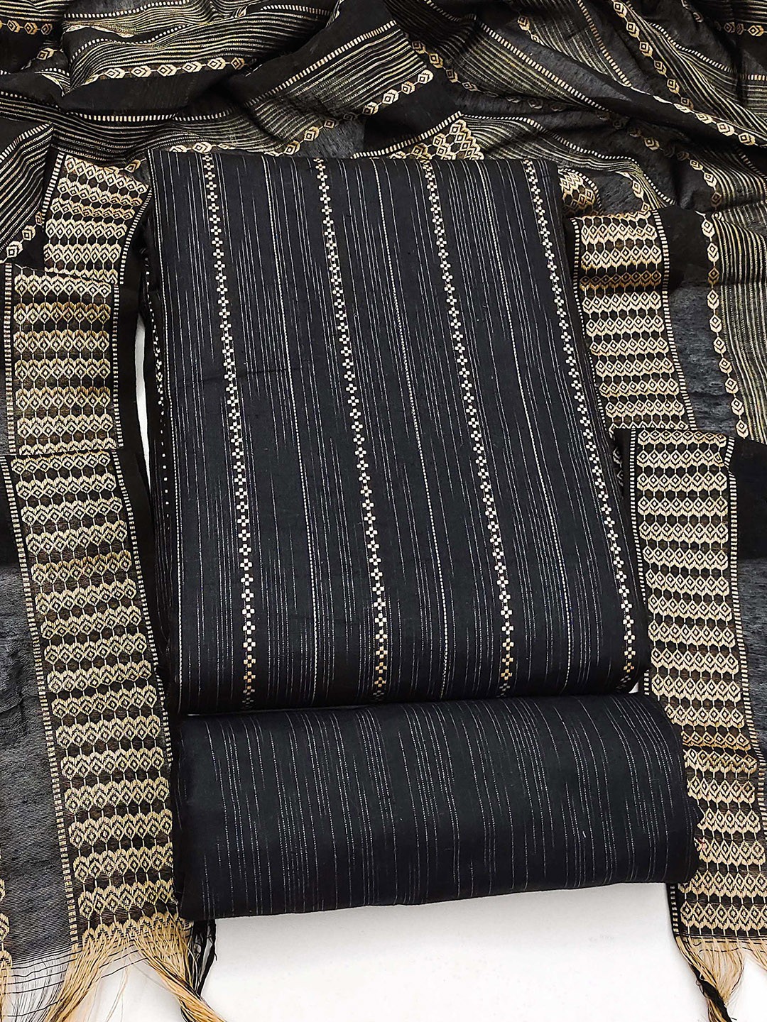 

KALINI Striped Woven Design Unstitched Dress Material, Black