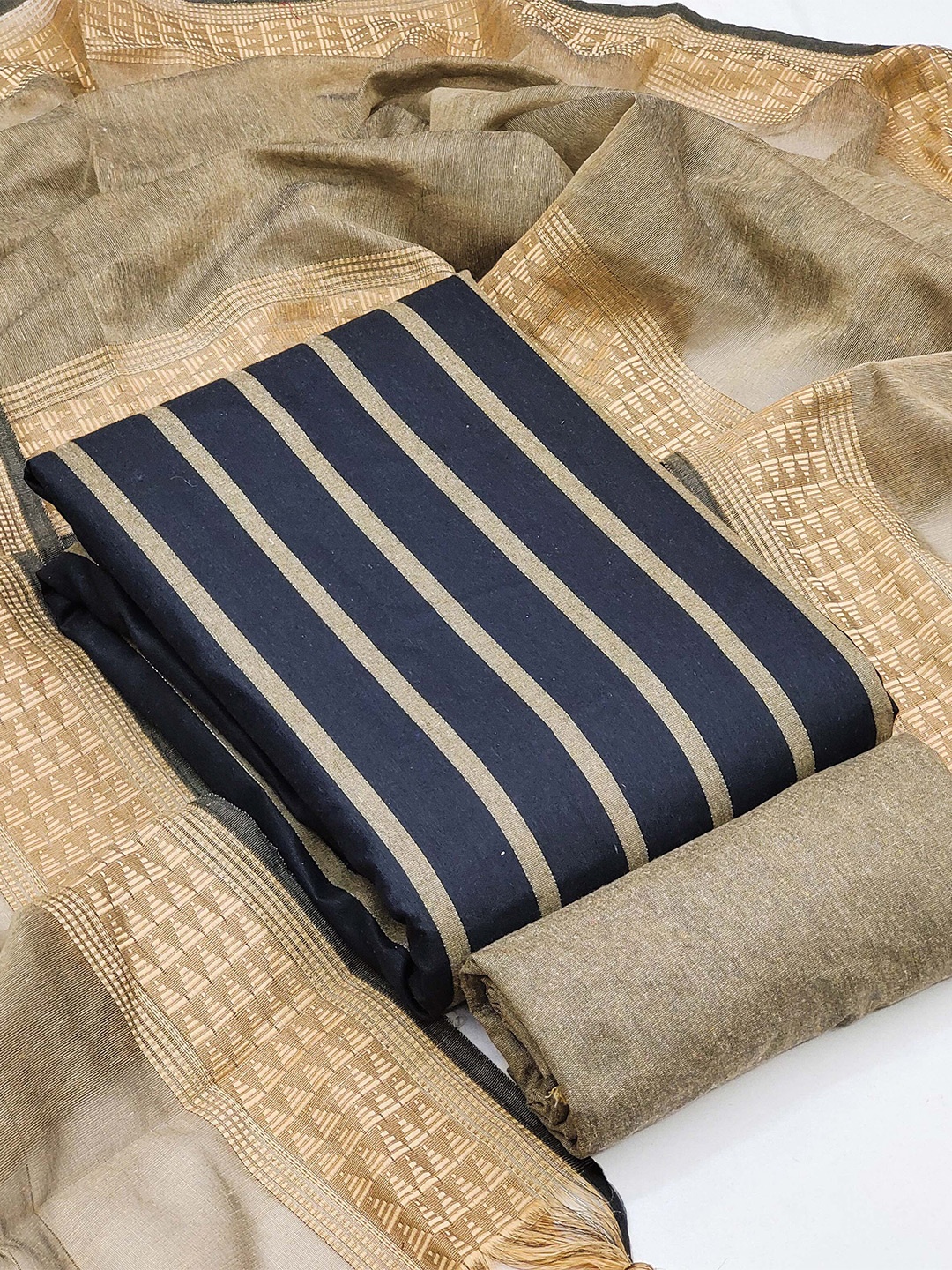 

KALINI Striped Woven Design Unstitched Dress Material, Blue