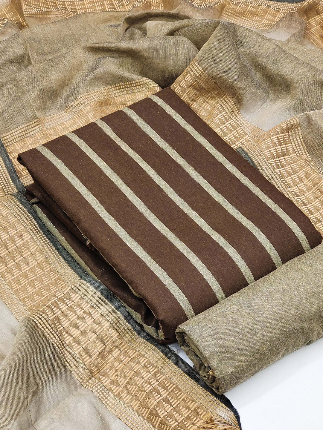

KALINI Woven Design Striped Unstitched Dress Material, Brown