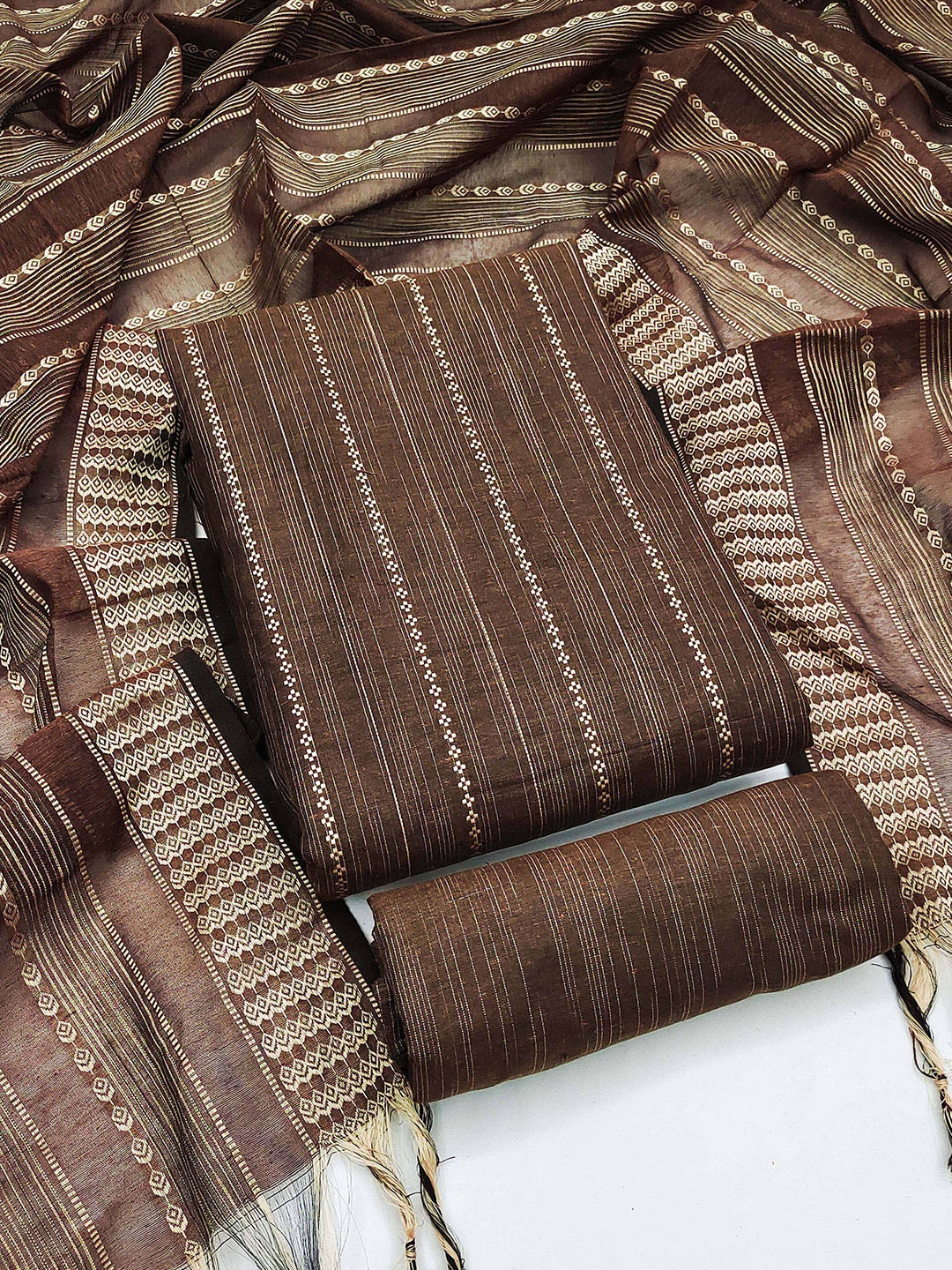 

KALINI Striped Woven Design Unstitched Dress Material, Brown
