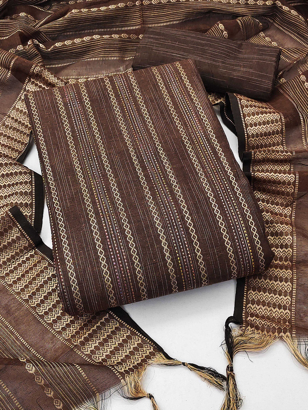 

KALINI Woven Design Unstitched Dress Material, Brown