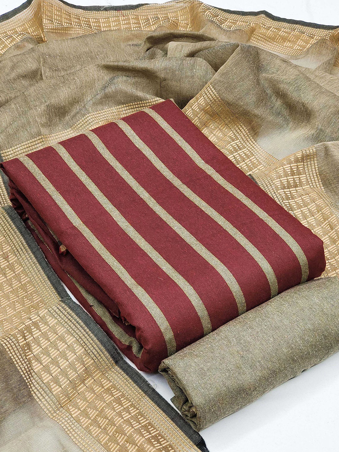 

KALINI Striped Unstitched Dress Material, Maroon