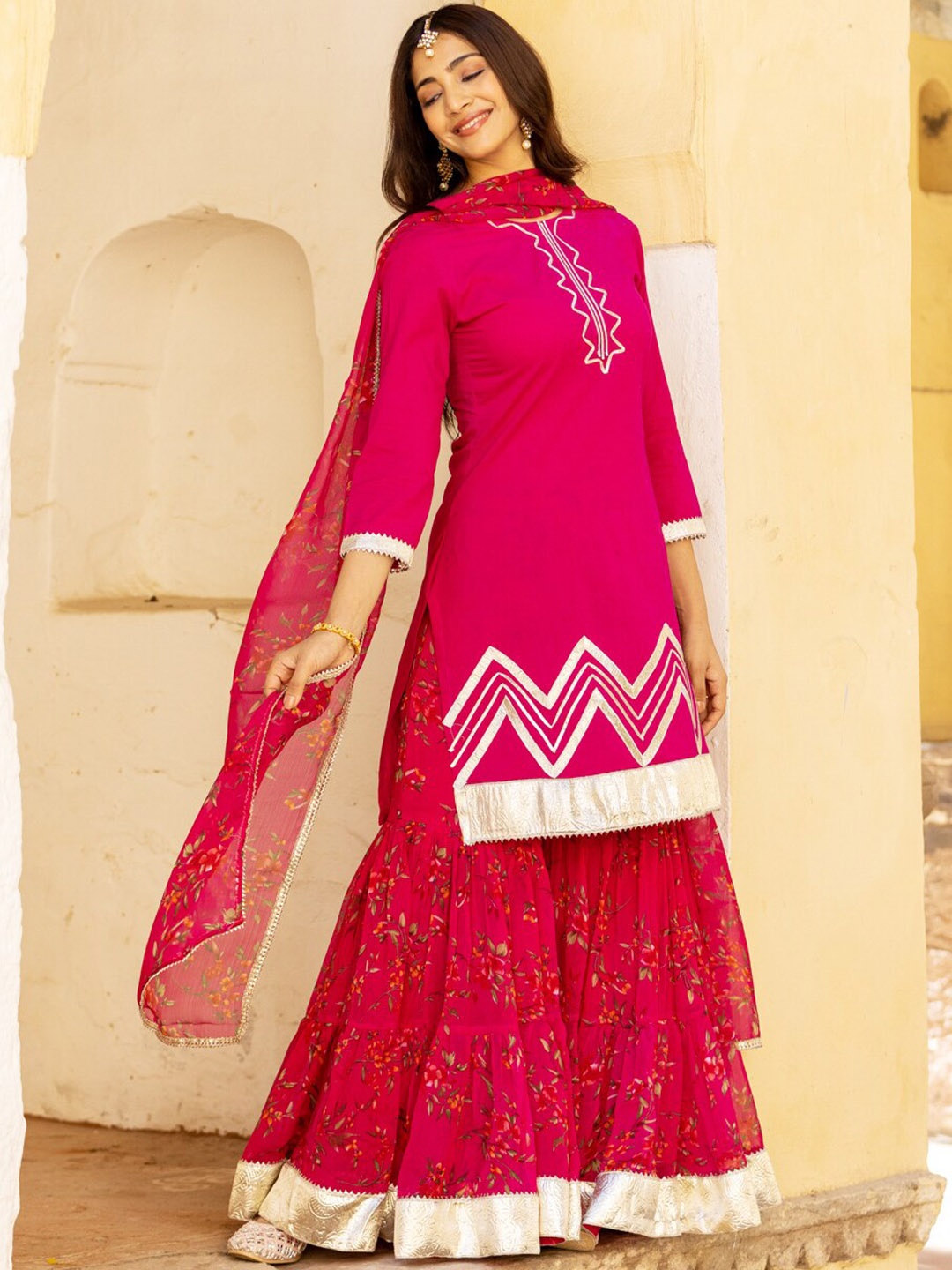 

Ambraee Embroidered Regular Kurta With Sharara & Dupatta, Pink