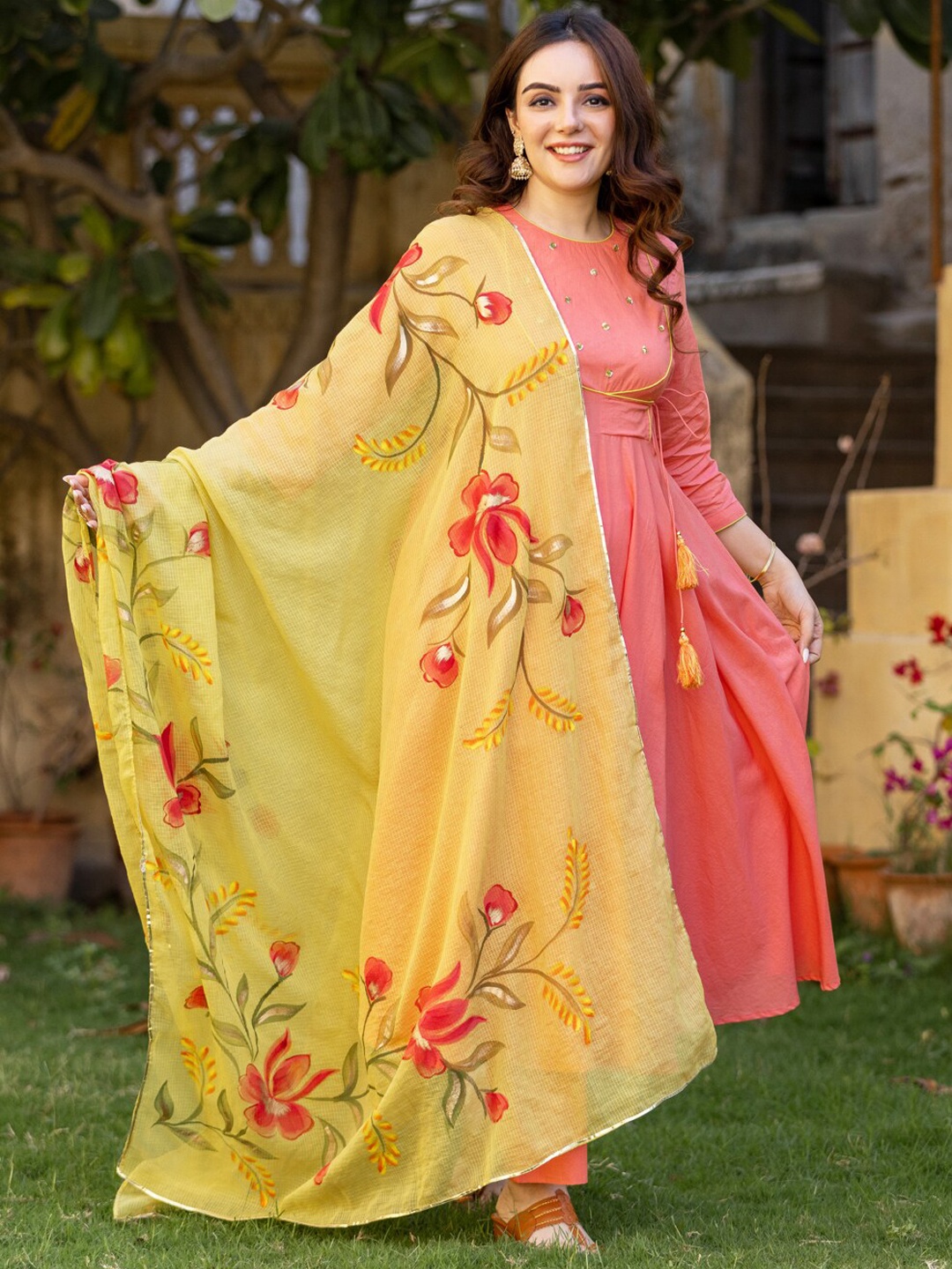 

Ambraee Yoke Design Thread Work Anarkali Kurta With Palazzos & Dupatta, Peach