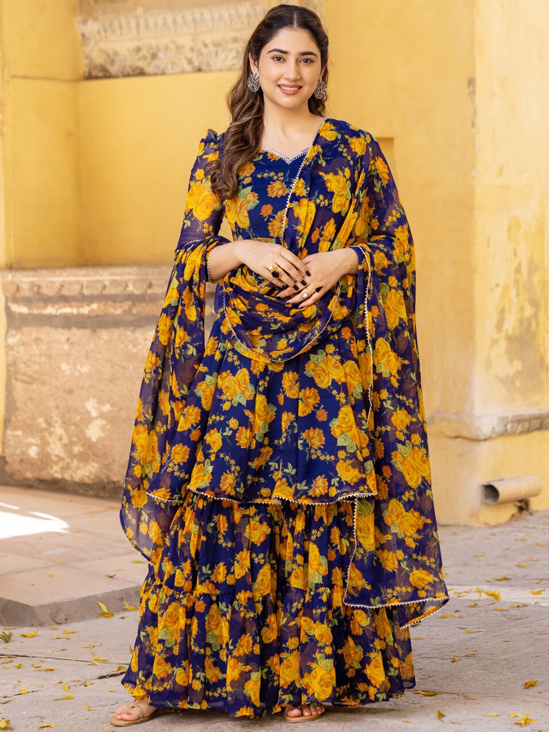 

Ambraee Floral Printed Thread Work Empire Anarkali Kurta With Sharara & Dupatta, Blue