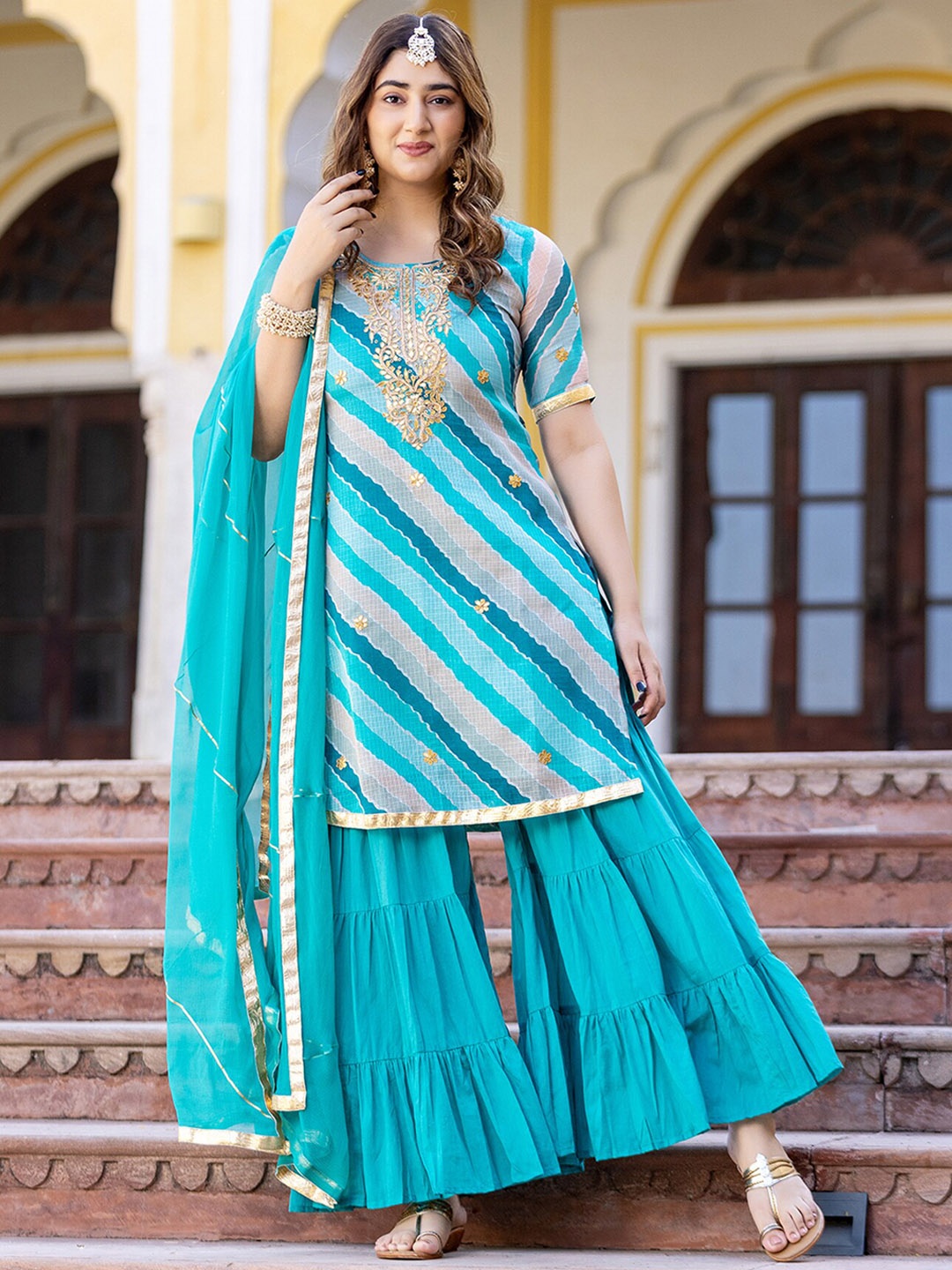 

Ambraee Women Sea Green Embroidered Regular Kurta with Sharara & With Dupatta