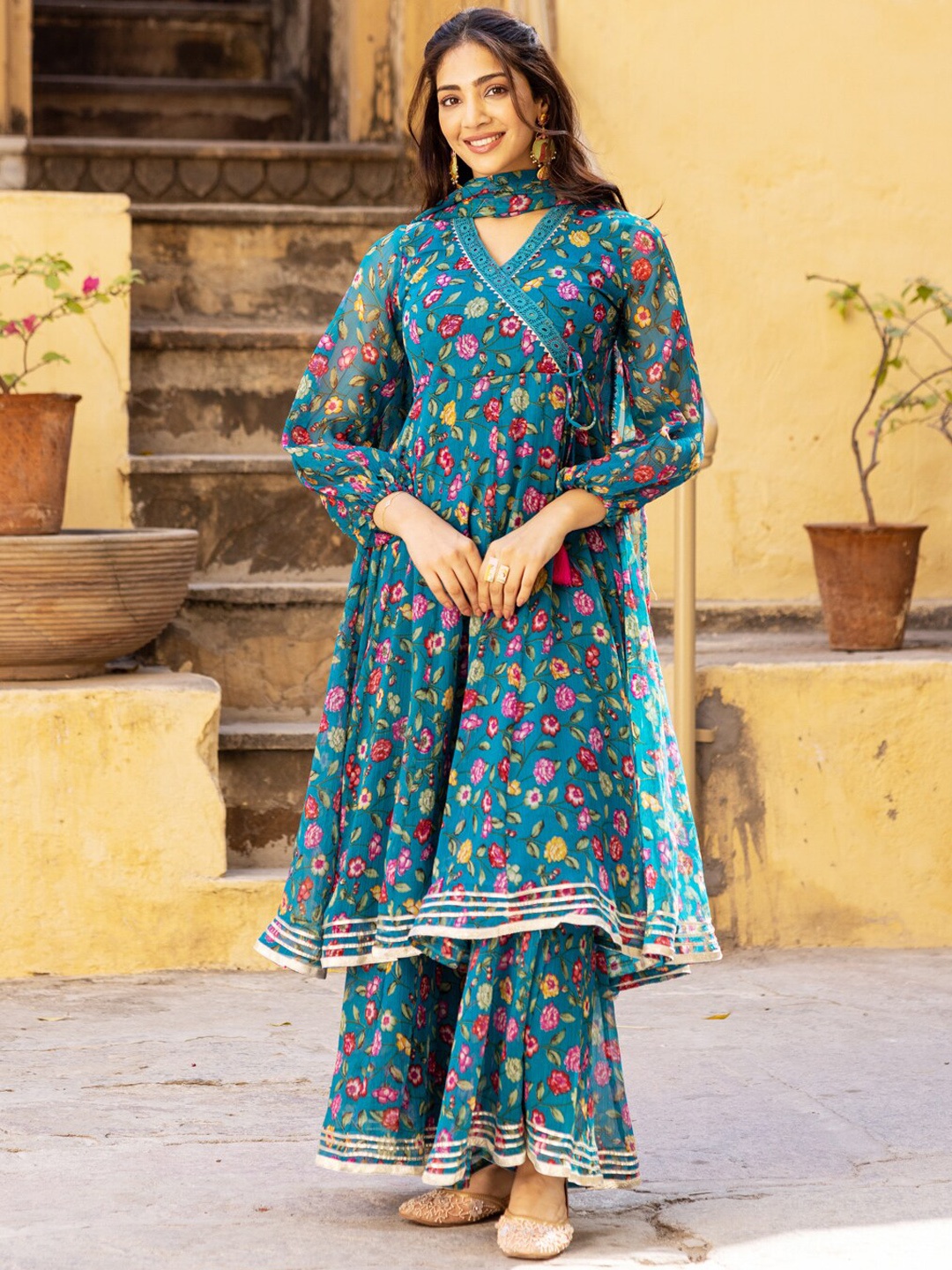 

Ambraee Floral Printed Gotta Patti Angrakha Anarkali Kurta With Sharara & Dupatta, Teal