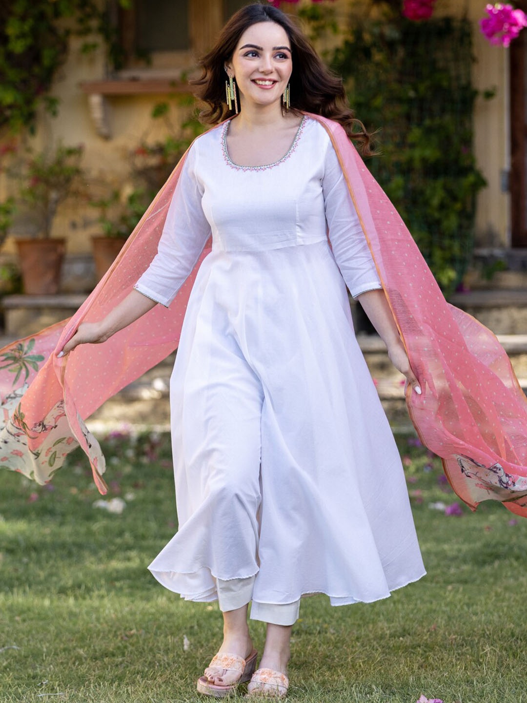 

Ambraee Empire Pure Cotton Anarkali Kurta With Trousers & Dupatta, White