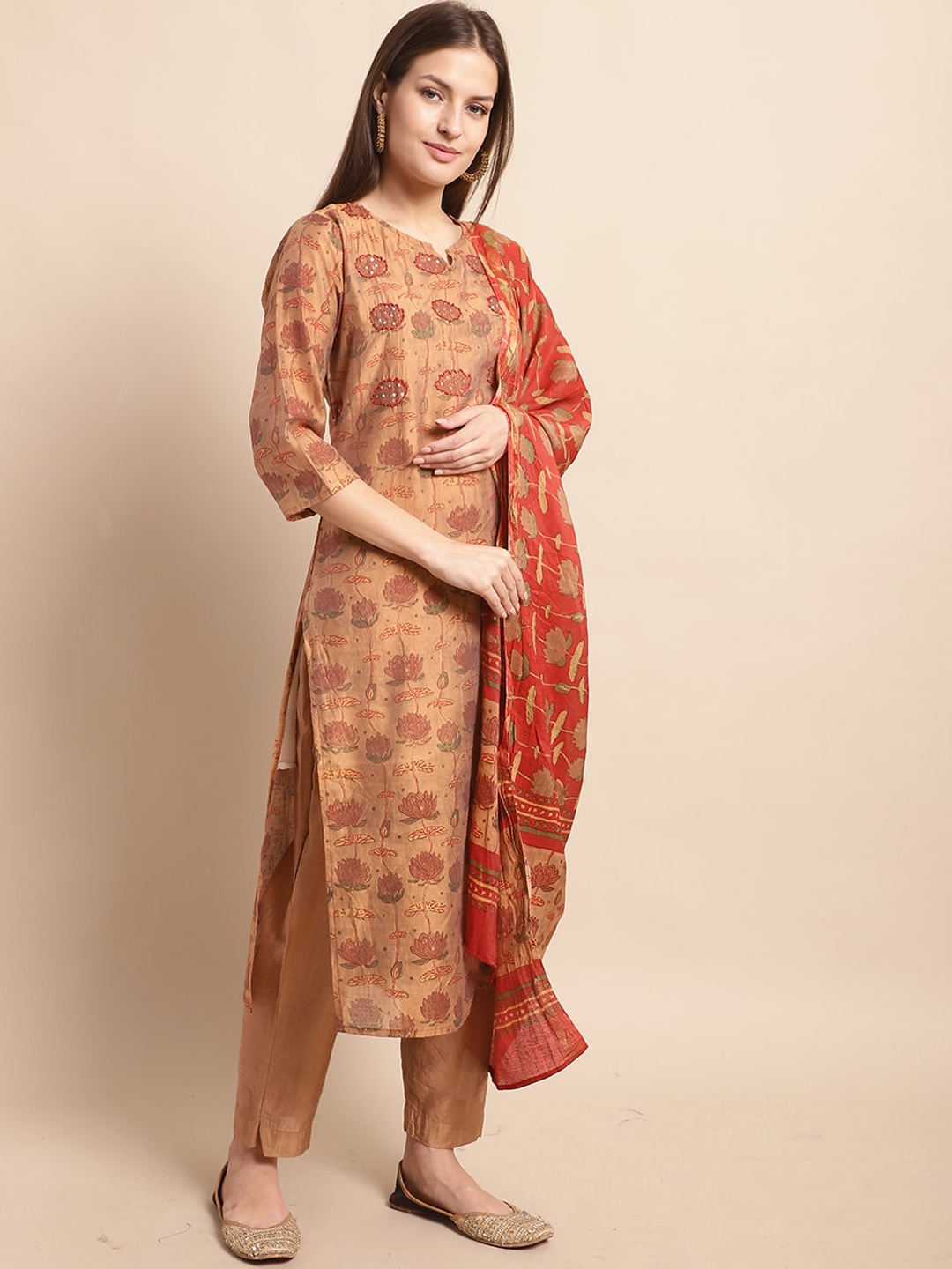 

KALINI Floral Printed Regular Pure Silk Kurta with Trousers & With Dupatta, Brown