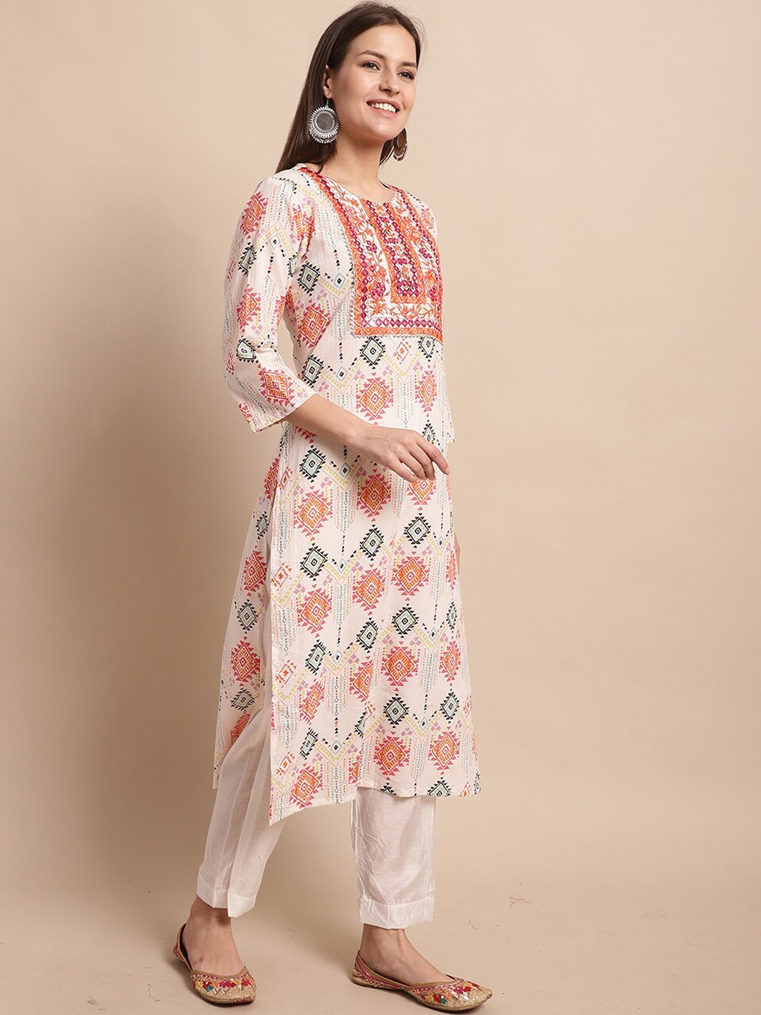 

KALINI Ethnic Motifs Printed Regular Pure Cotton Kurti with Trousers, Orange