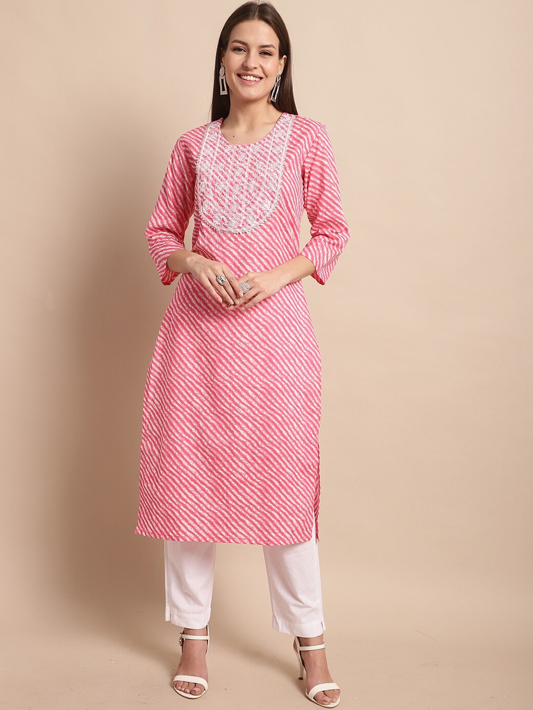 

KALINI Women Pink Printed Regular Pure Cotton Kurti with Trousers & With Dupatta