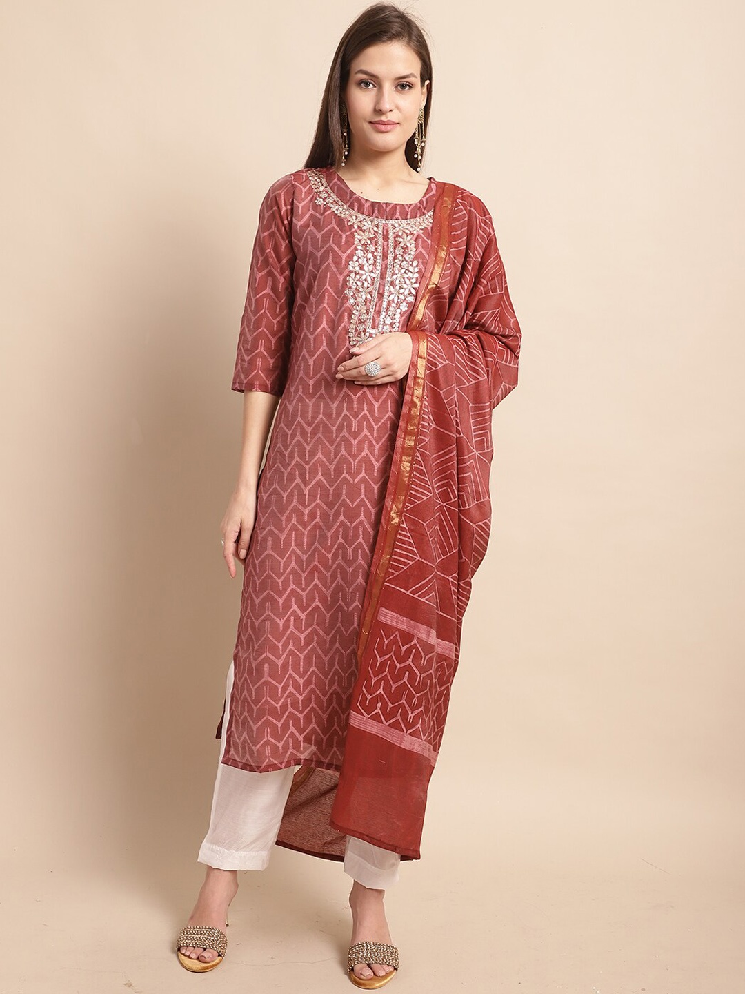 

KALINI Printed Regular Pure Silk Kurti with Trousers & With Dupatta, Maroon