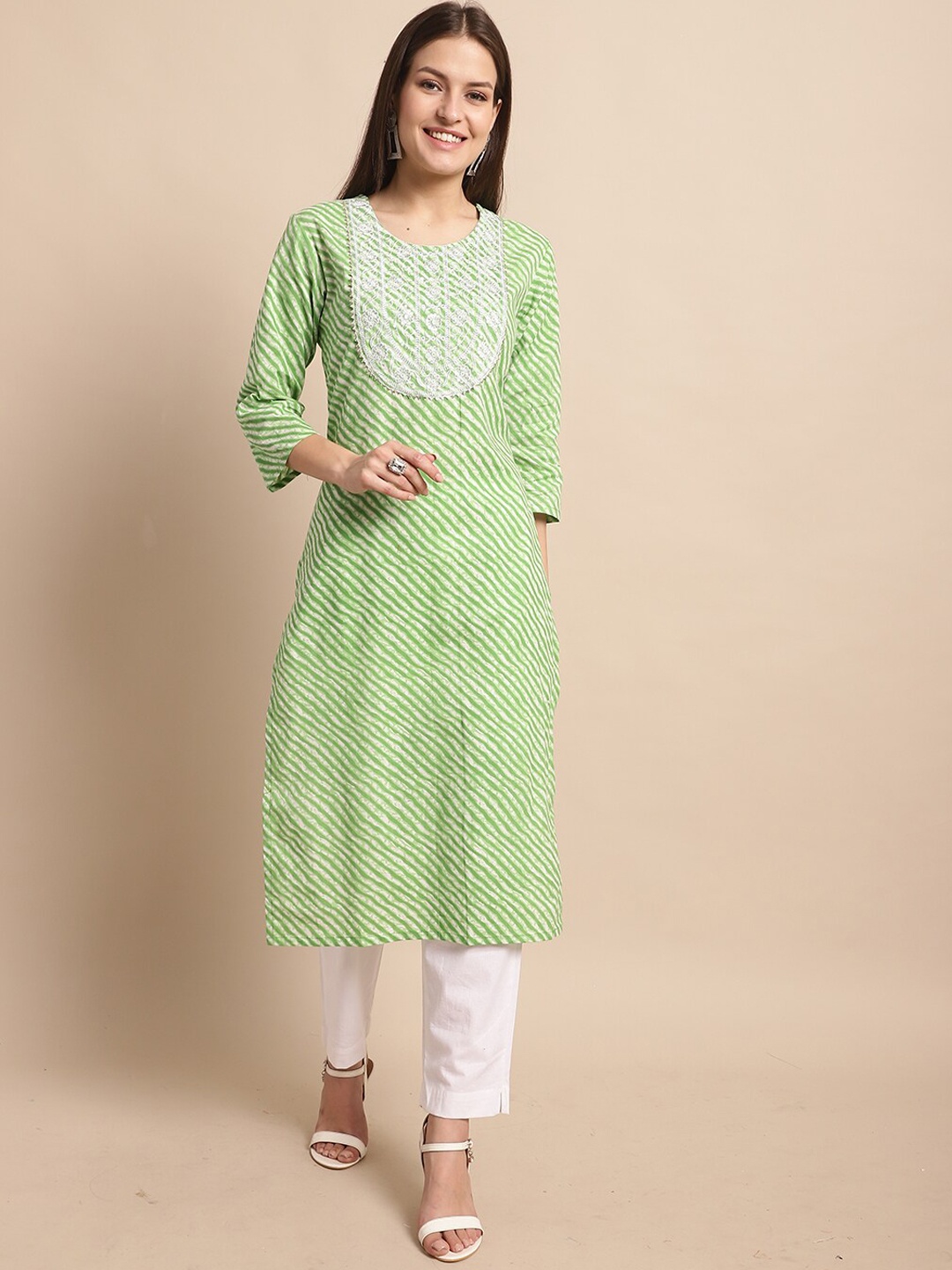 

KALINI Leheriya Printed Regular Thread Work Pure Cotton Kurta with Trousers & With Dupatta, Lime green